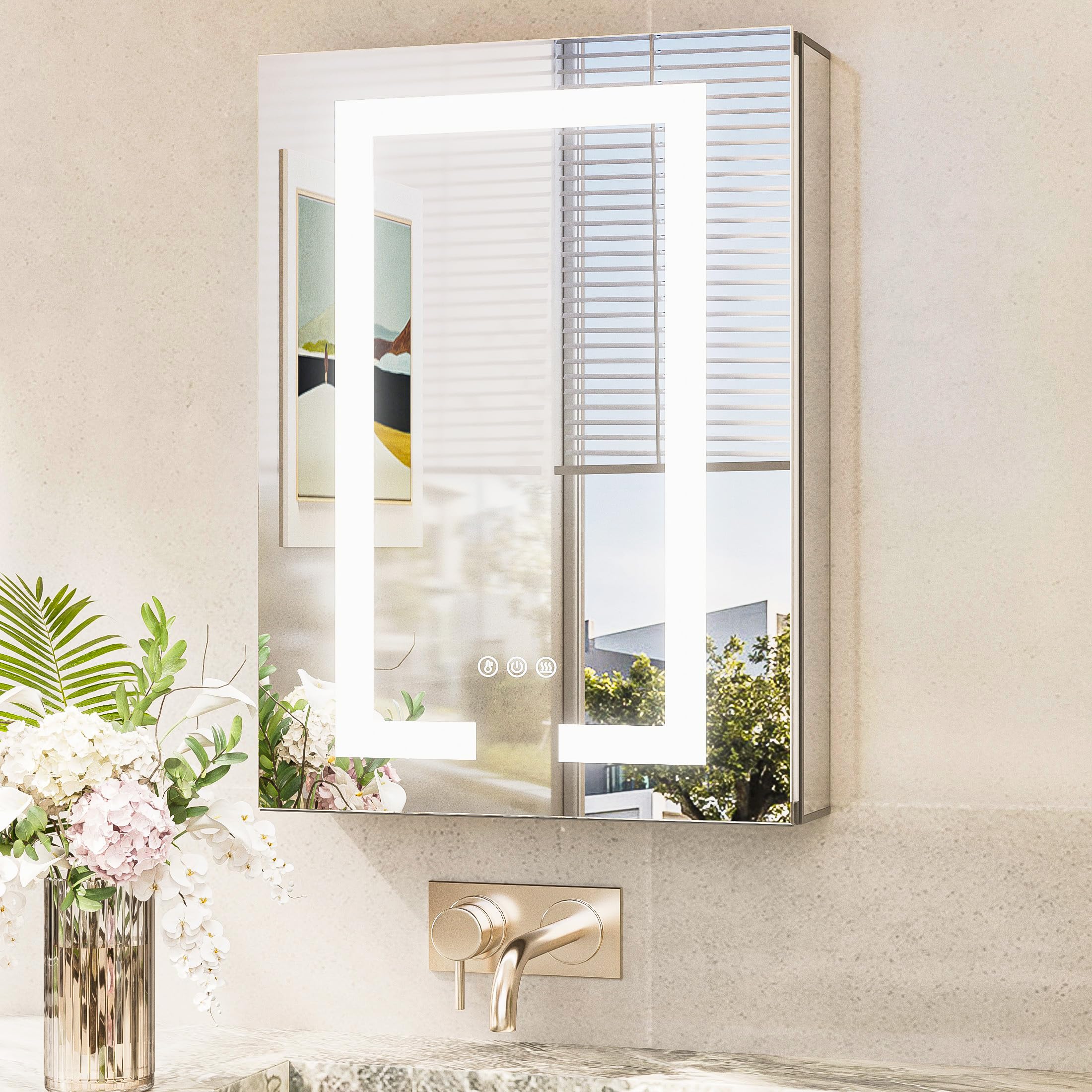 TokeShimi 16x24 Inch LED Medicine Cabinet with Mirror - Surface Mount or Recessed, Dimmable Lighting (3 Colors), Built-in Outlet & Defogger, 2-Side Front Lit Bathroom Storage Mirror for Modern Homes & Spa-Like Bathrooms