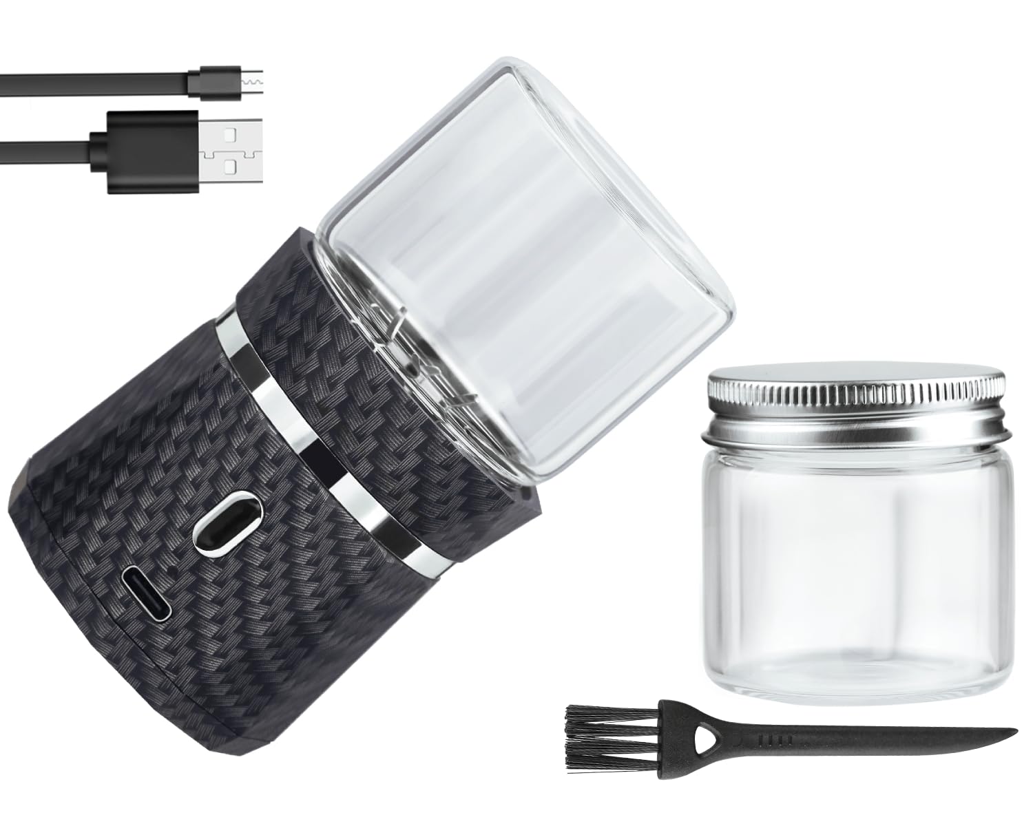 Electric Herb Grinder - Rechargeable Automatic Spice Crusher with 2 Glass Jars (1.7oz/50ml) - Mini Portable Design, Carbon Fiber Pattern - Perfect for Grinding Herbs, Spices & Tea Leaves at Home or Travel