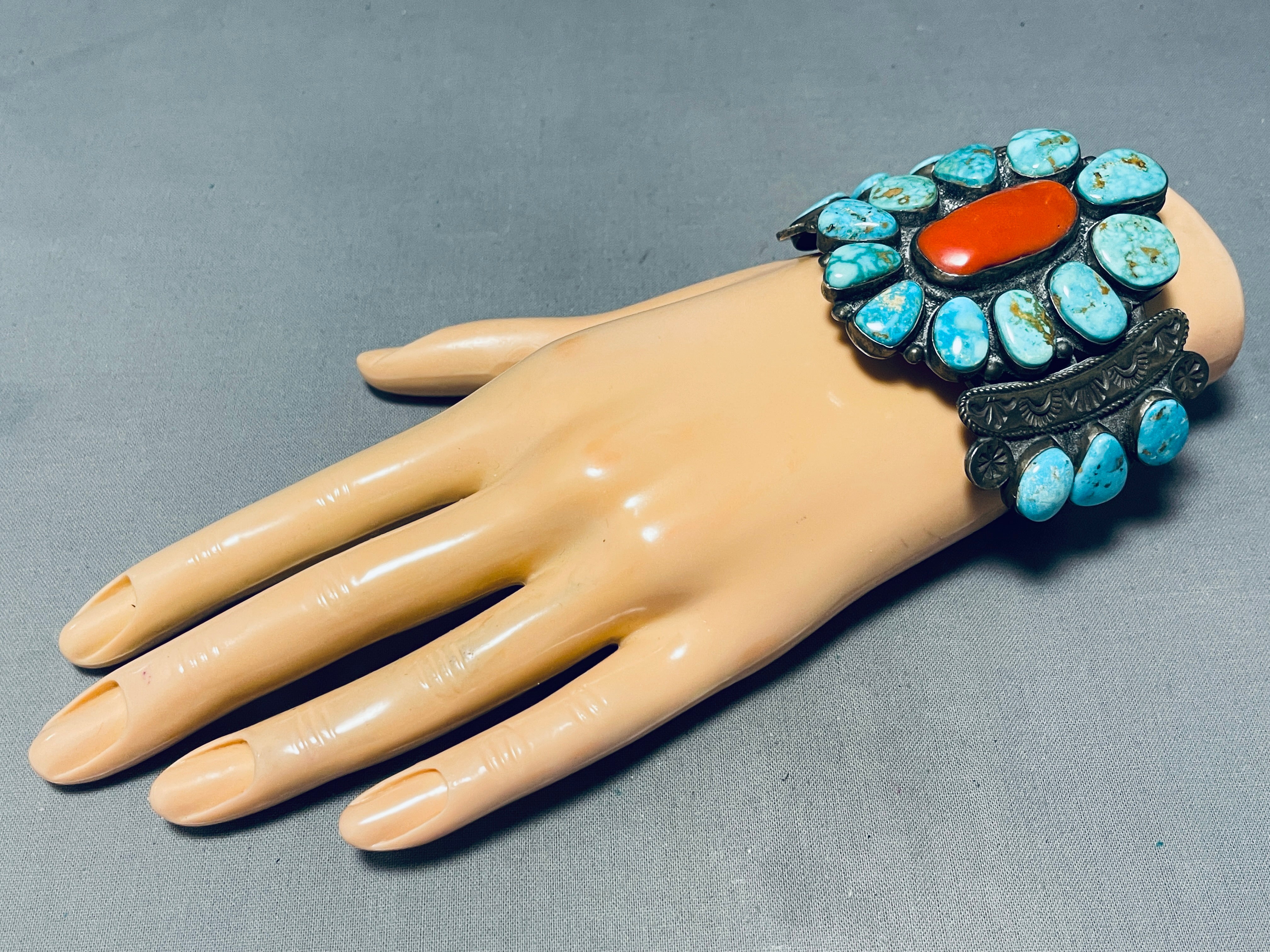 Vintage Navajo Turquoise Coral Sterling Silver Bracelet - 125g Handmade Native American Jewelry for Women, Boho Chic Accessory, Perfect for Festivals & Special Occasions