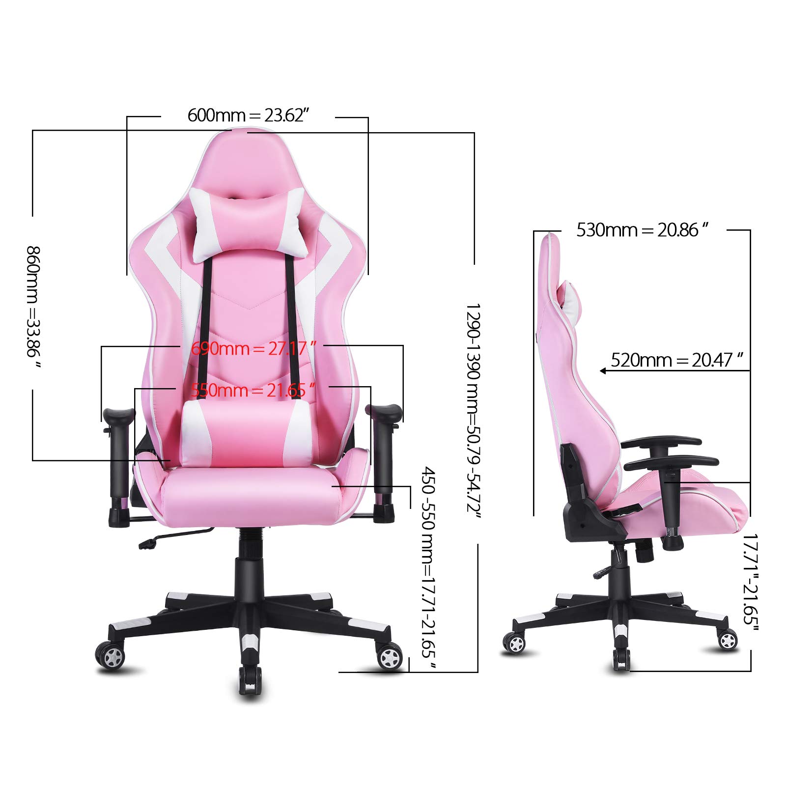 Modern-Depo Ergonomic High-Back Swivel Gaming Chair - Racing Style Recliner with Adjustable Headrest & Lumbar Support - Pink & White Office Desk Chair for PC Gaming, Streaming & Home Workspace