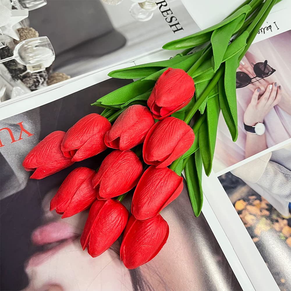 10 Pcs Realistic PU Touch Tulip Artificial Flowers - Red Fake Tulip Bouquet for Home, Office, Wedding, Party & Event Decorations - Perfect for Centerpieces, Table Arrangements & DIY Floral Projects