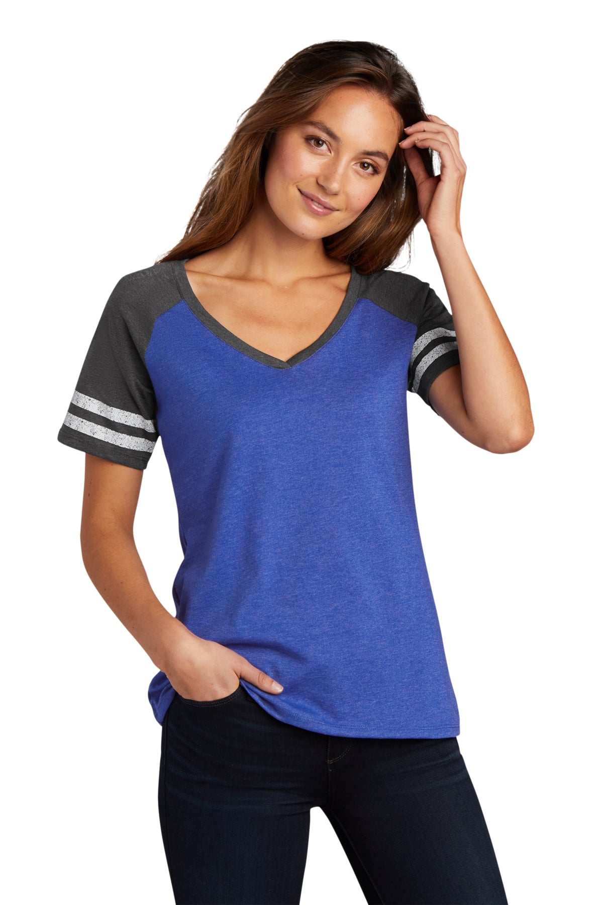 District Made Women's Game V-Neck T-Shirt - Heathered True Royal & Heathered Charcoal - Comfortable Casual Tee for Sports, Outings & Everyday Wear