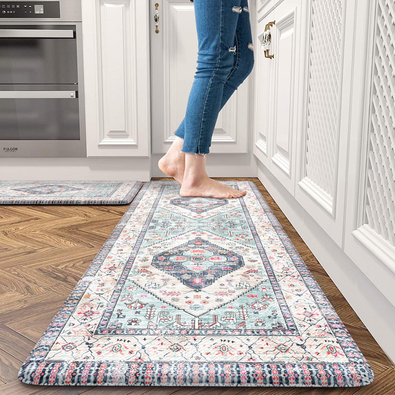 Farmhouse Kitchen Mat 2-Pack - Cushioned Anti-Fatigue Floor Mat, Non-Slip Waterproof Standing Rug for Kitchen Sink, Home Office & Laundry - Comfort Foam PVC Mat (Blue) | Perfect for Cooking, Dishwashing & Long Standing Tasks