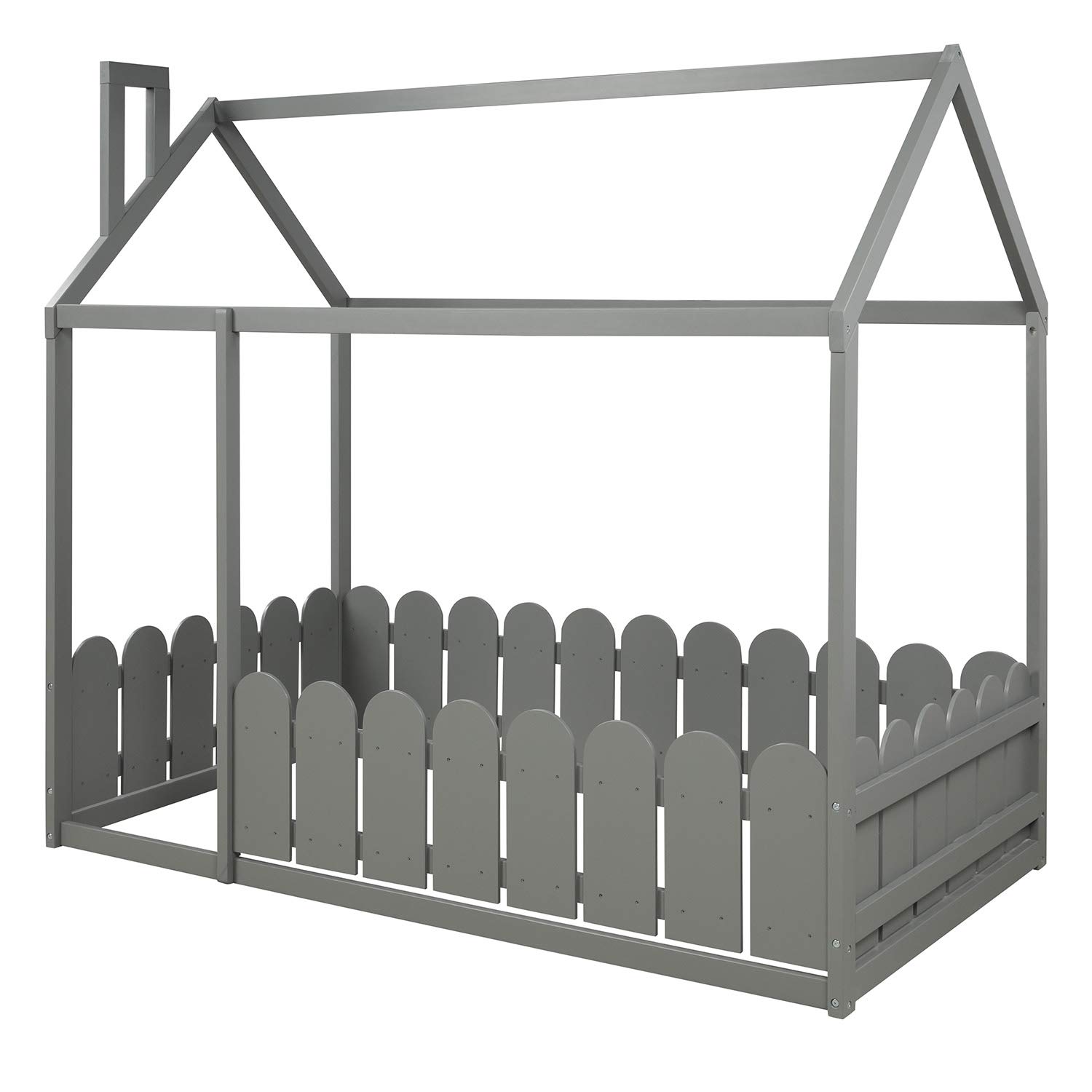 RUNNA Twin Size Wooden House Bed Frame with Roof & Fence - Kids Play Tent Bed, Cabin Style Floor Bed for Nursery & Children's Room - Perfect for Imaginative Play, Sleepovers & Cozy Bedtime (Gray)
