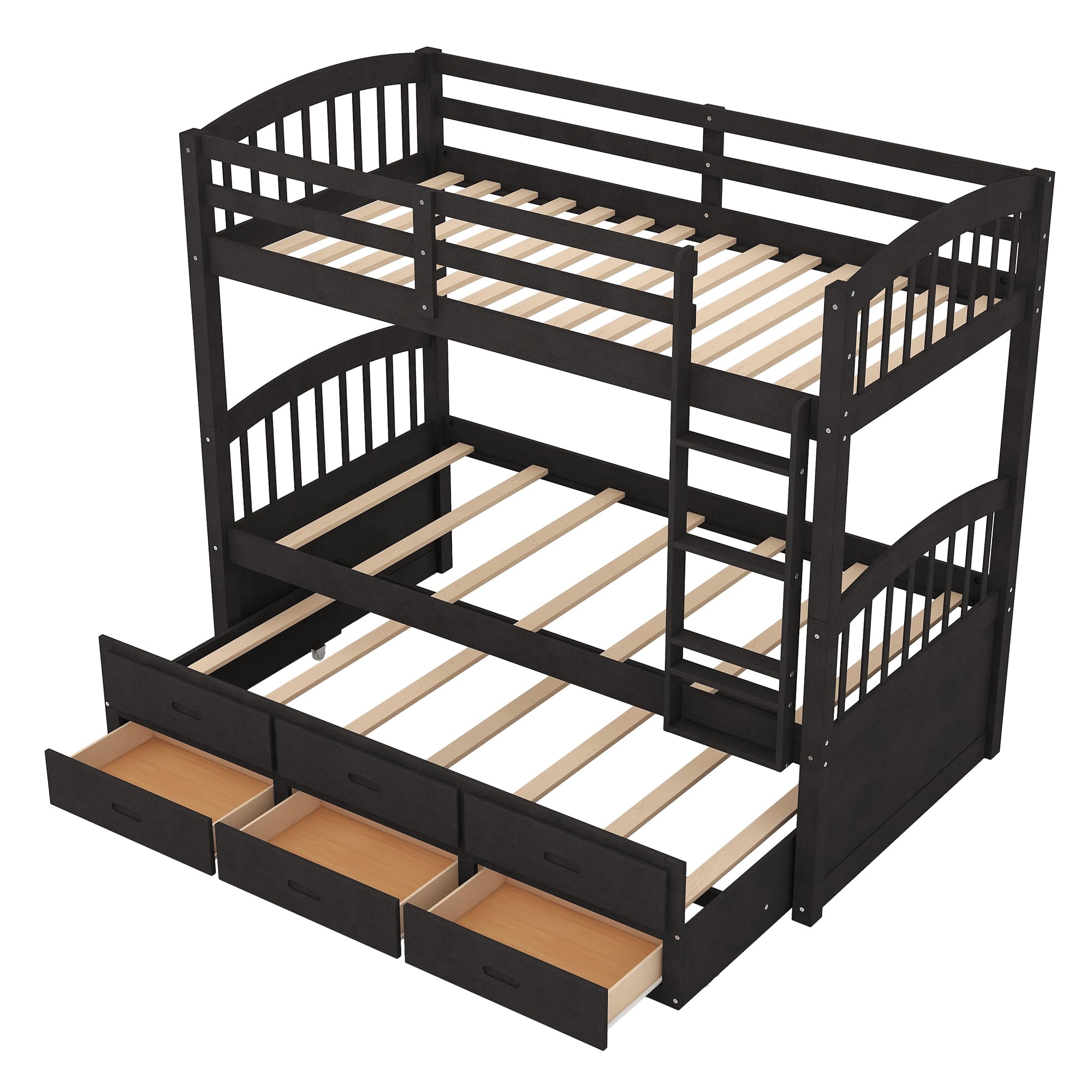 P PURLOVE Twin Over Twin Bunk Bed with Trundle & Storage Drawers - Solid Wood Detachable Bunk Bed Converts to 2 Twin Daybeds - Space Saving Kids Bedroom Furniture for Small Rooms, Guest Rooms & Vacation Homes