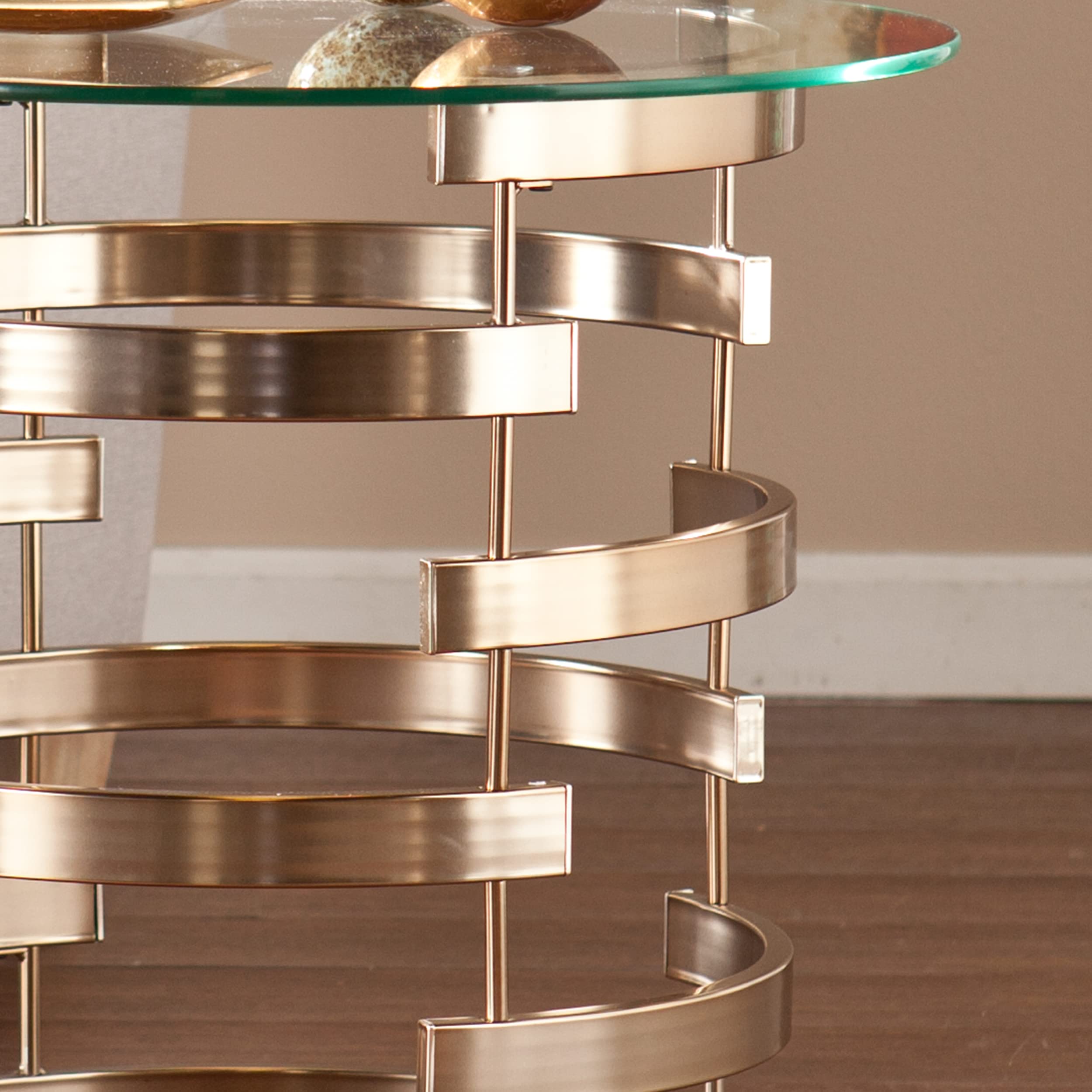SEI Furniture Belmar Contemporary Round Glass Top End Table - Champagne Gold Finish - Modern Living Room & Bedroom Accent Table for Small Spaces