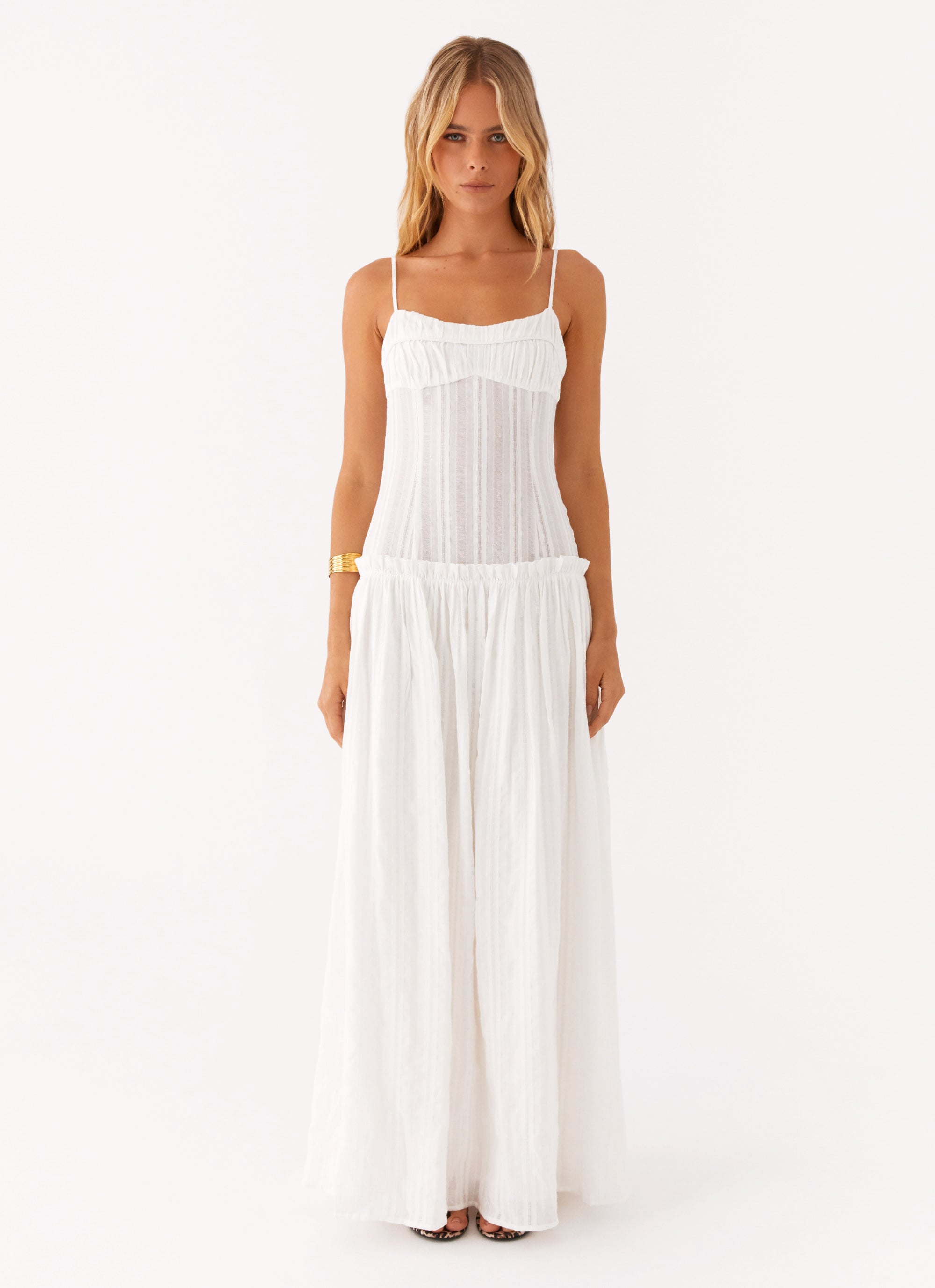 Jacinda Drop Waist Maxi Dress for Women - Elegant Ivory Flowy Long Dress for Summer, Beach, Weddings & Special Occasions
