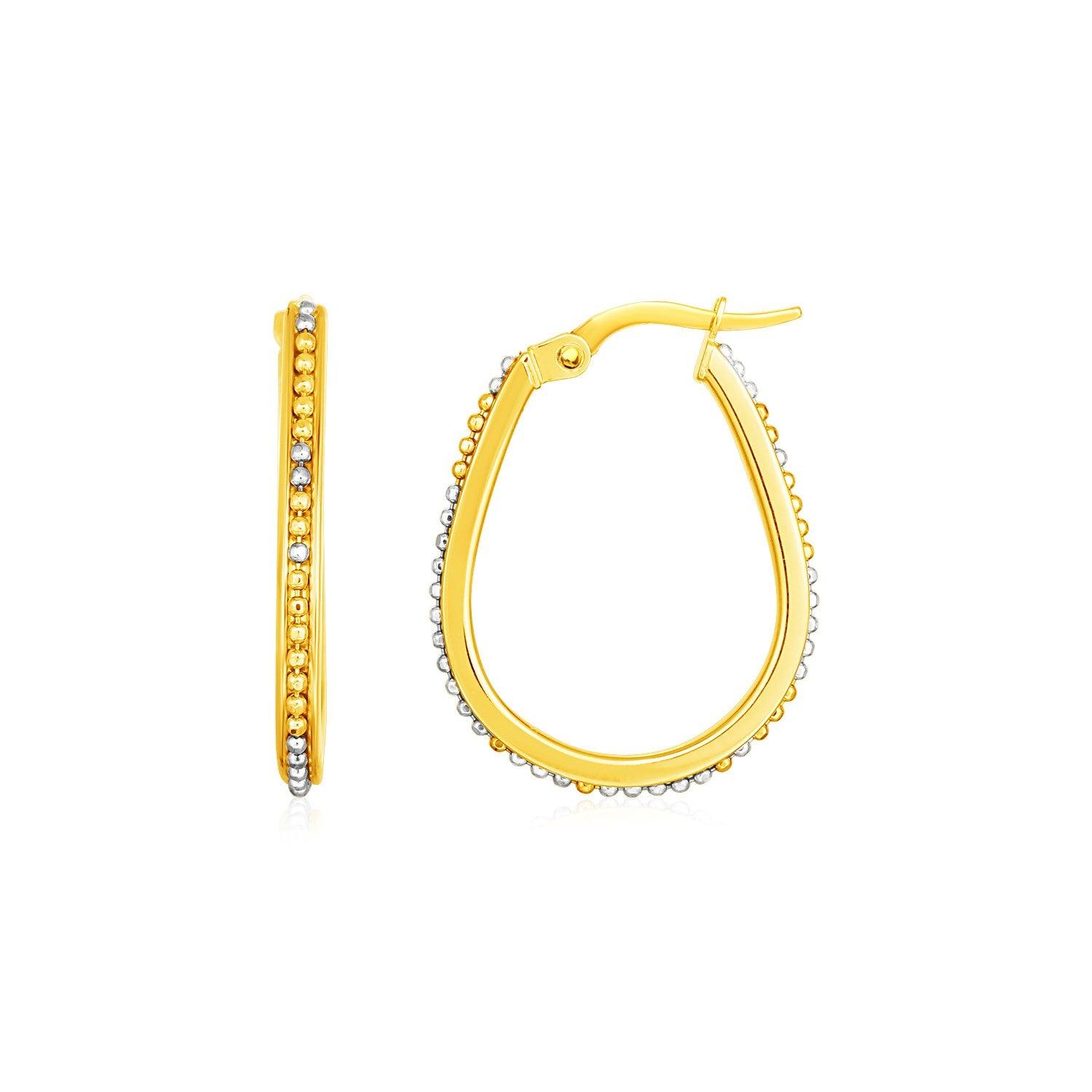 14K Two-Tone Gold Oval Hoop Earrings with Bead Texture - Elegant Dangle Earrings for Women, Perfect for Parties, Weddings & Everyday Wear