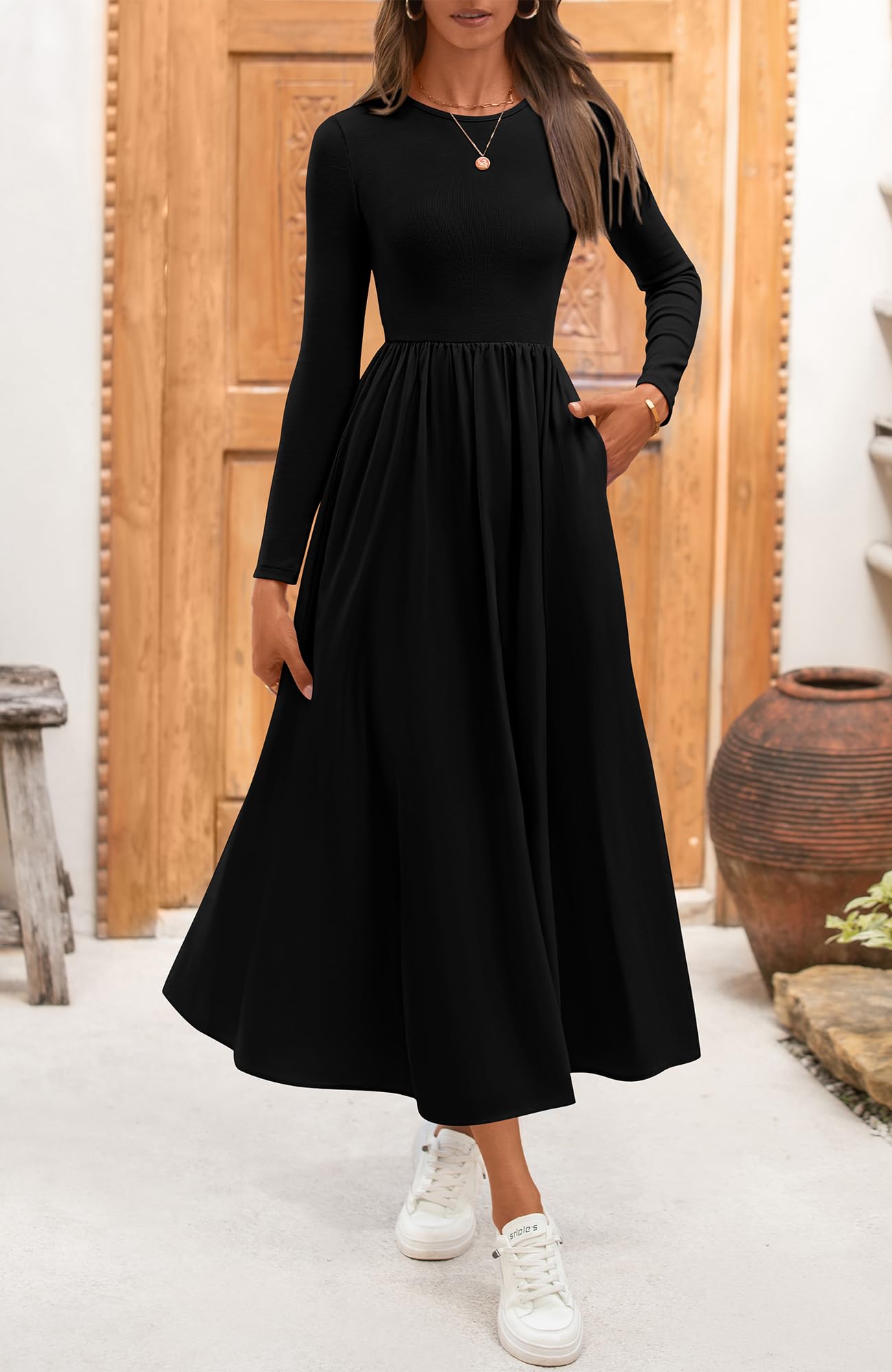 BTFBM Women's Casual Long Sleeve Bohemian Midi Dress - Flowy Spring Wedding Guest Dress 2025 | Perfect for Garden Parties, Bridal Showers & Date Nights