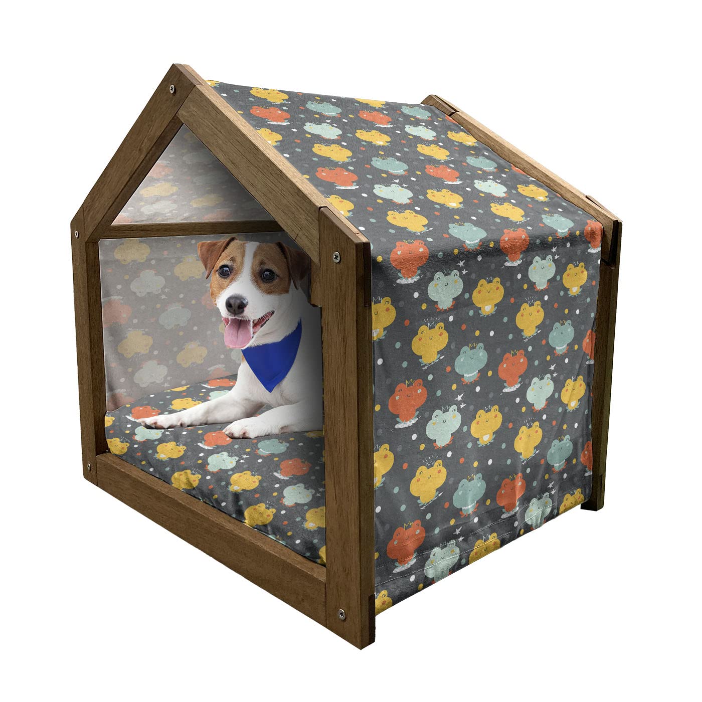 Ambesonne Frog Themed Wooden Pet House - Colorful Cartoon Frogs with Crowns & Hand-Drawn Stars - Indoor/Outdoor Portable Dog Kennel with Pillow & Cover - Large Size Multicolor - Perfect for Backyard, Patio, or Living Room Pet Comfort