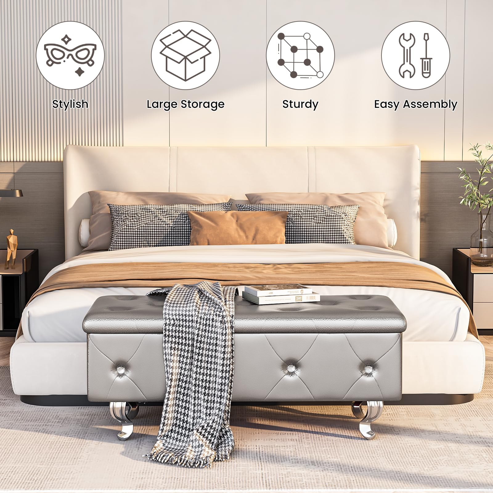 DKLGG Leather Storage Ottoman Bench with Seating - Upholstered Footrest Stool for Bedroom, Living Room & Entryway - Silver - Perfect for Extra Seating, Shoe Storage & Home Organization