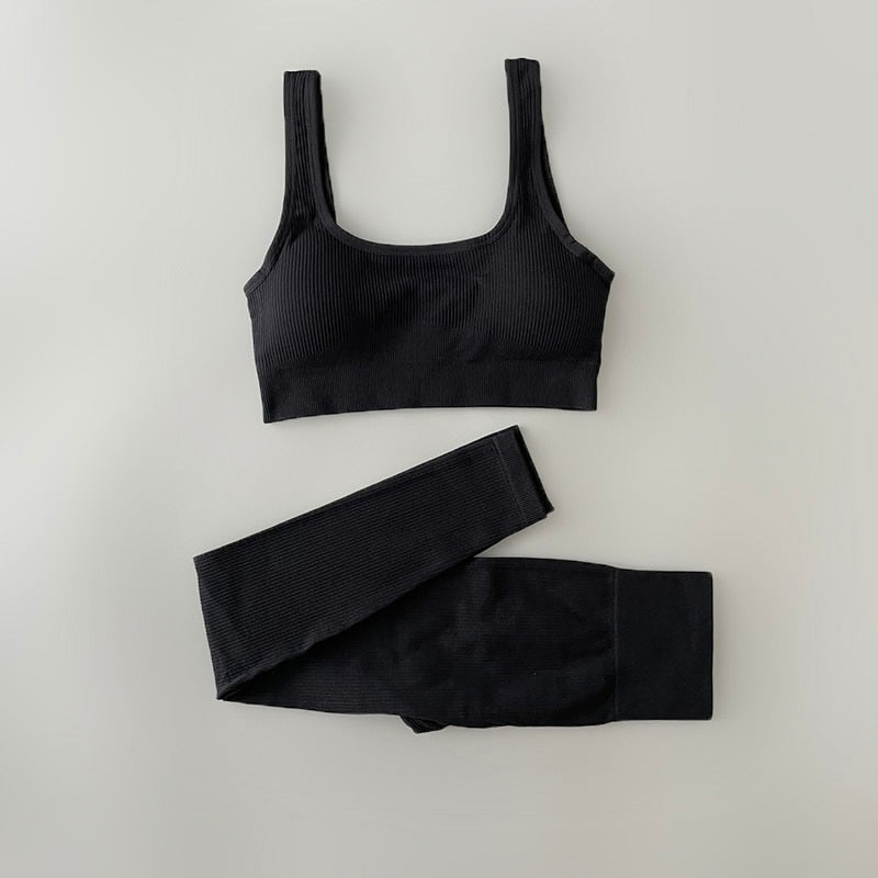 4Pcs Seamless Yoga Sets for Women - 2 Piece Ribbed Workout Outfits with Sports Bra & Shorts/Leggings - Matching Gym Clothes for Yoga, Pilates & Fitness Training
