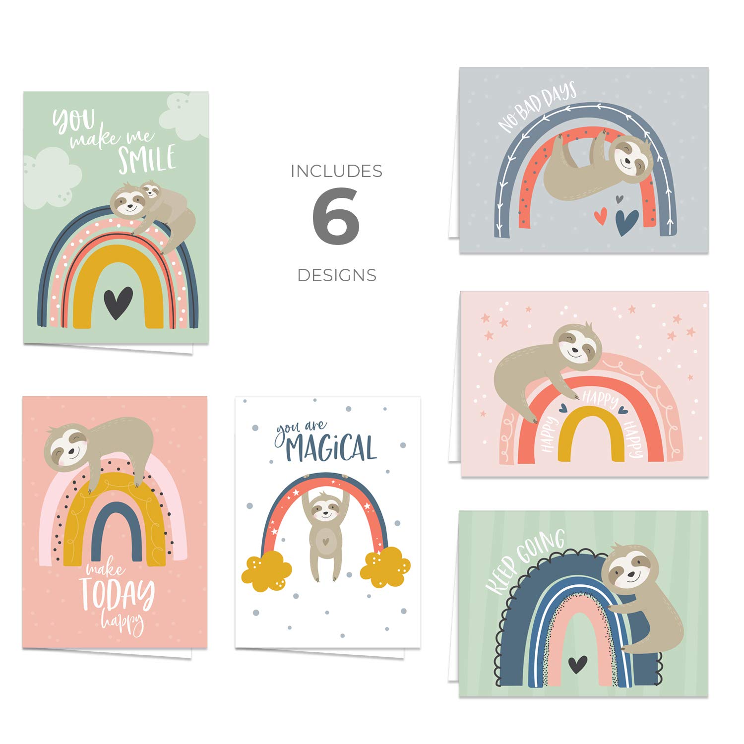 24-Pack Happy Rainbow Sloth Encouragement Greeting Cards with Envelopes - 6 Cute Animal Designs for Baby Shower, Birthday & All Occasions - 3.5
