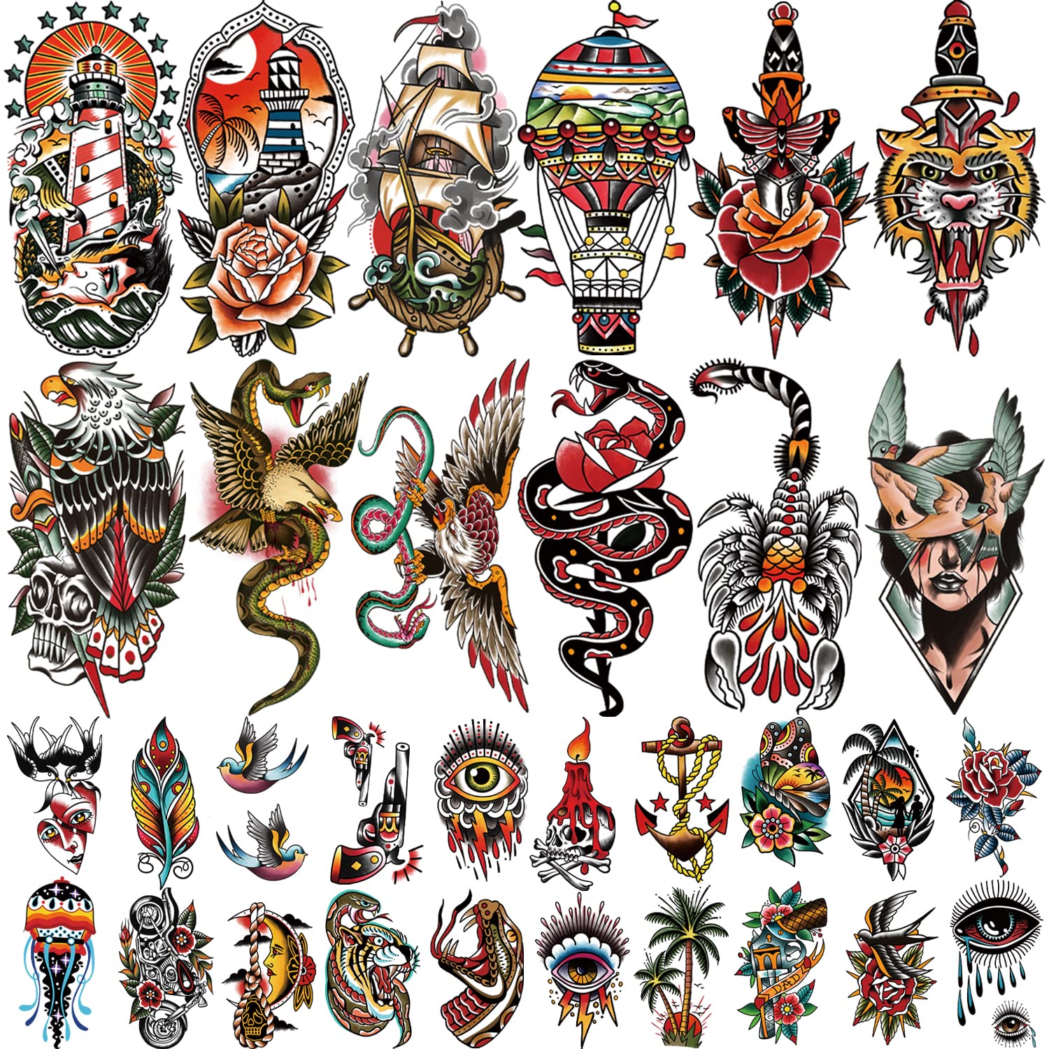 77 Sheets Temporary Tattoo for Women & Men - 17 Half Arm/Chest/Shoulder Fake Tattoos + 60 Tiny Vintage Waterproof Tattoos | Realistic Long-Lasting Body Art for Parties, Halloween, Cosplay & Everyday Fashion