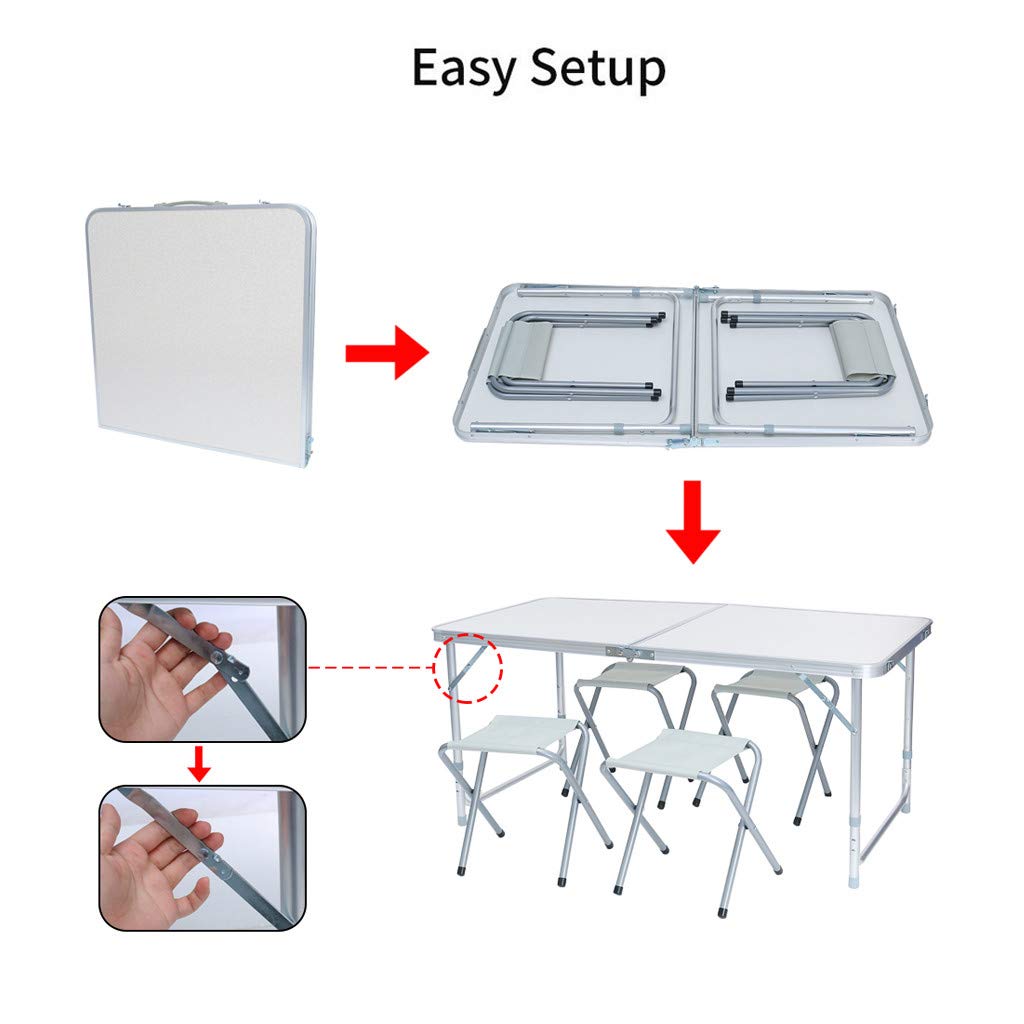 GONGting 4 Foot Aluminum Folding Table with 4 Metal Stools - Adjustable Height Portable Camping Table and Chairs Set, Lightweight & Sturdy for Outdoor Picnics, BBQs, Beach Parties, and Tailgating (Center Folding Design, No Umbrella Hole)