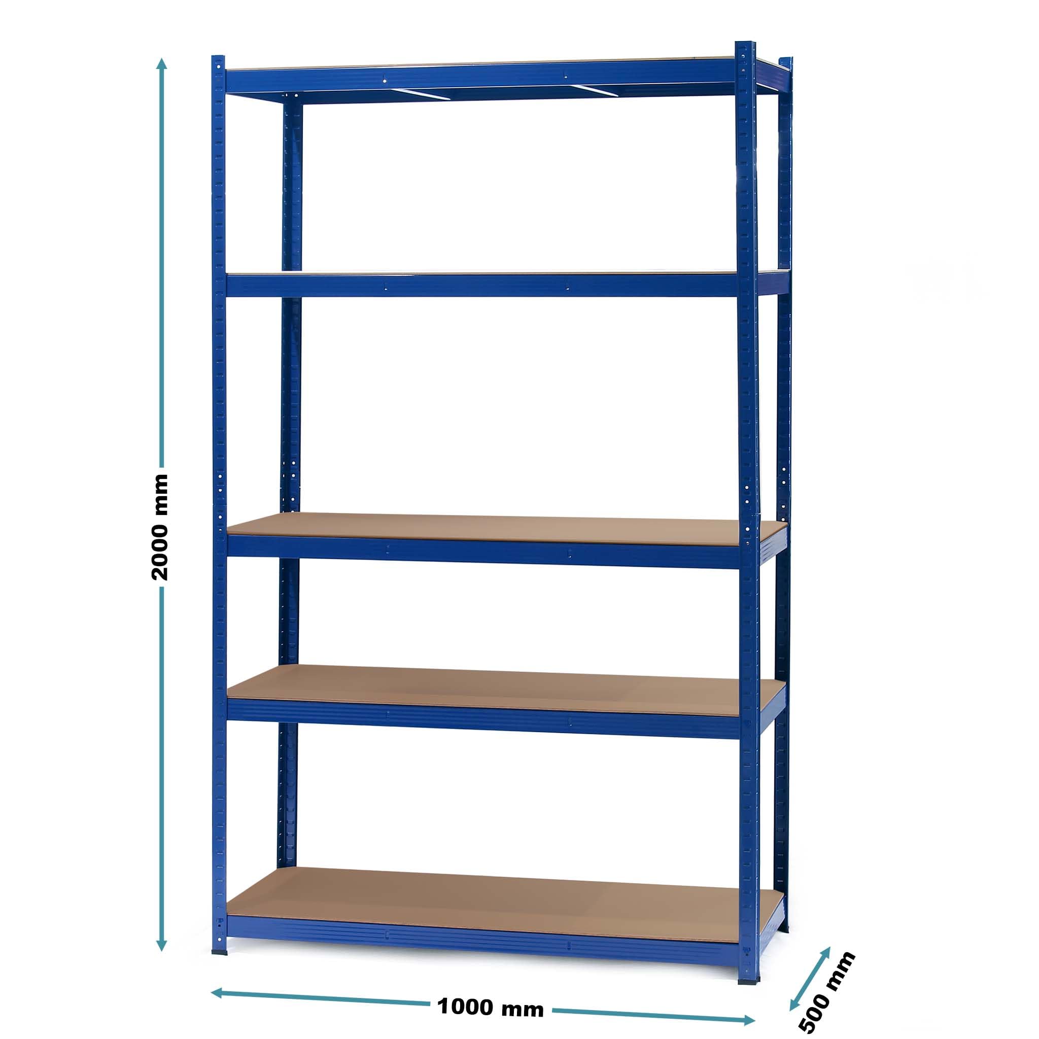 Wiltec Heavy Duty Boltless Shelving Unit 100x50x204cm - 5-Tier Industrial Storage Rack, 200kg Capacity per Shelf, Blue Metal Shelves for Garage, Workshop & Warehouse Organization