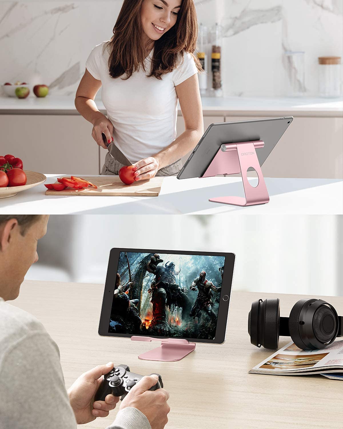 OMOTON Adjustable Aluminum Tablet Stand - Durable Desktop Holder for iPad 10.9/10.2, iPad Pro 13/12.9/11, iPad Air 6/5/Mini & Samsung Tablets Up to 13 inch (Rose Gold) - Perfect for Home Office, Kitchen, Bedroom & Travel Use