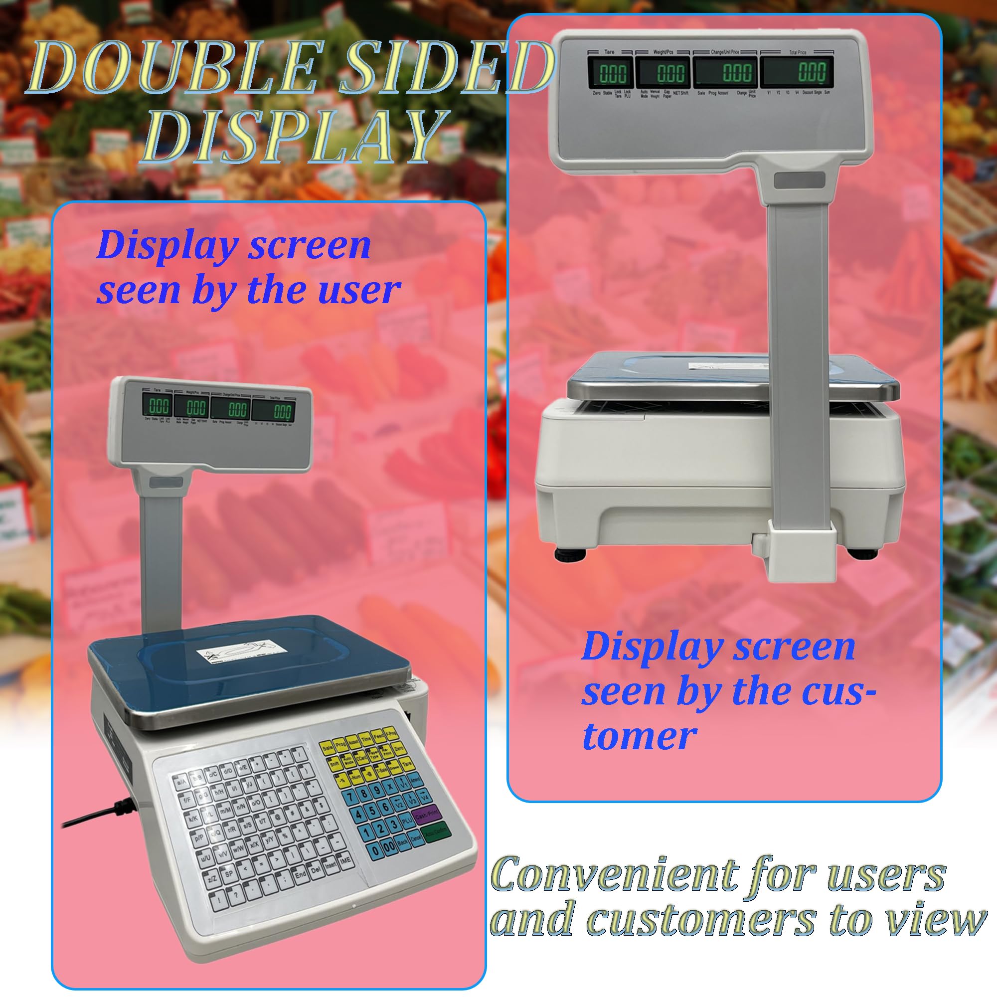 INTSUPERMAI 30lbs Digital Price Computing Scale with Thermal Label Printer - 4 Display Windows & Pole - Double-sided Commercial Supermarket Scale for Retail, Grocery, and Warehouse Use