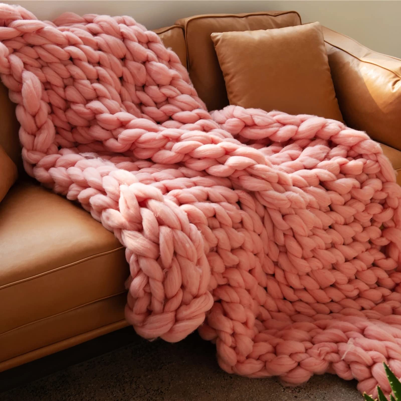 Chunky Knit Throw Blanket - Handmade Soft & Cozy Wool Blanket for Sofa, Bed, Yoga - 60x80cm Pink Home Decor Gift - Perfect for Living Room, Nursery & Winter Warmth