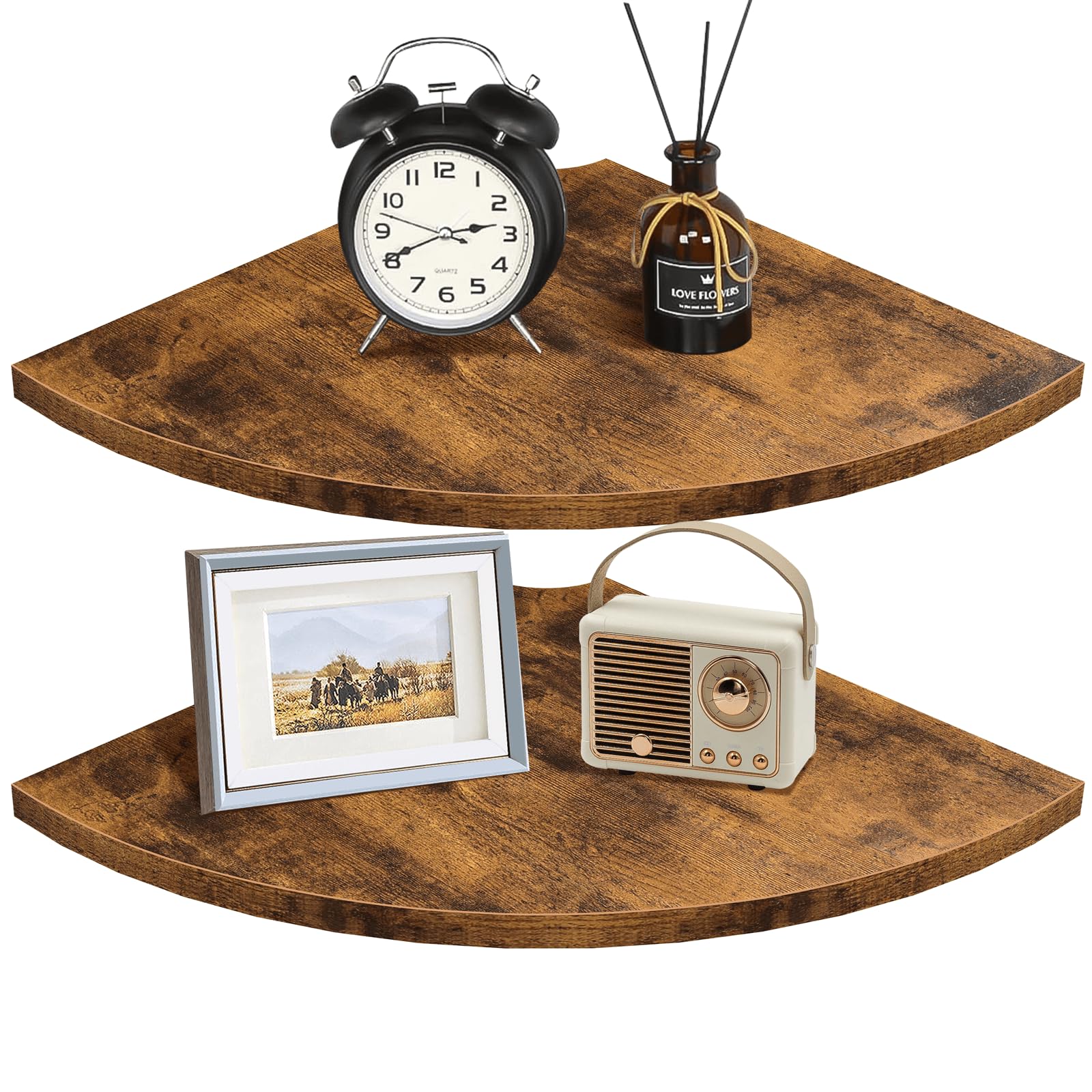 Homode 12 Inch Wood Floating Corner Shelves Set of 2 - Wall Mount Corner Shelf with Cord Hole, Rustic Brown - Perfect for Bathroom Storage, Bedroom Decor & Kitchen Organization