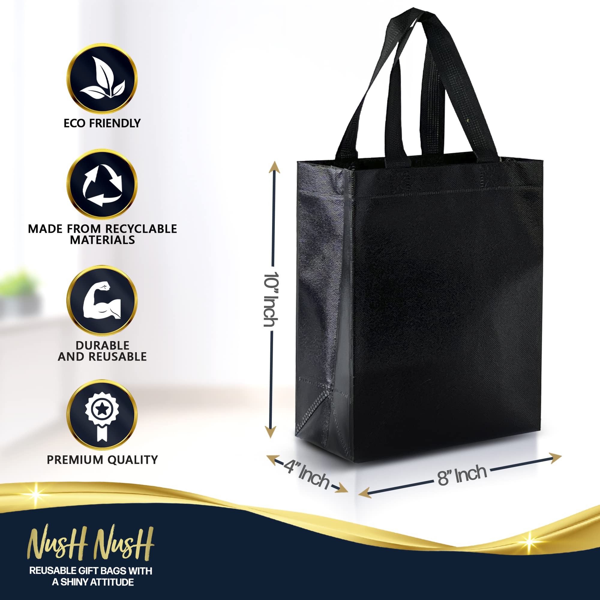 Nush Nush Medium Black Gift Bags Set of 12 - Shiny Reusable Gift Bags with Handles 8x4x10 Inches - Durable Party Favor Bags for Birthdays, Weddings, Baby Showers & Holidays - Bulk Goodie Bags for Events & Celebrations