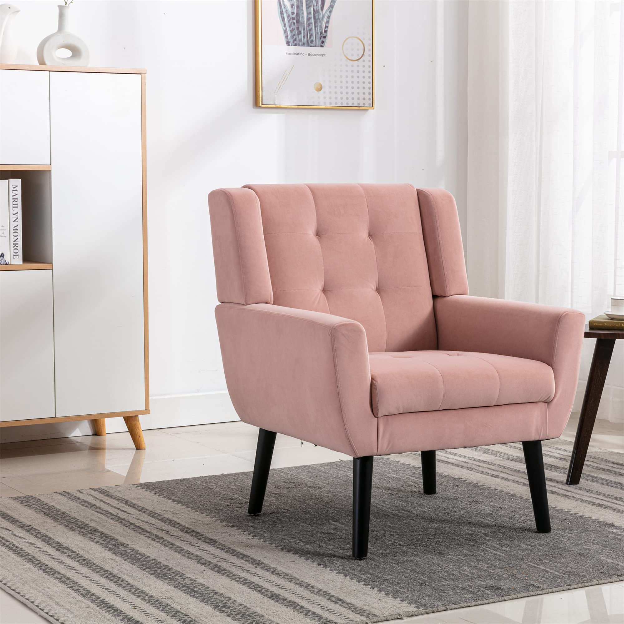 Modern Soft Velvet Accent Chair with Black Legs - Ergonomic Living Room Armchair, Bedroom Lounge Chair for Home Decor | Perfect for Reading Nook, Apartment Living Space & Cozy Corner (Pink)