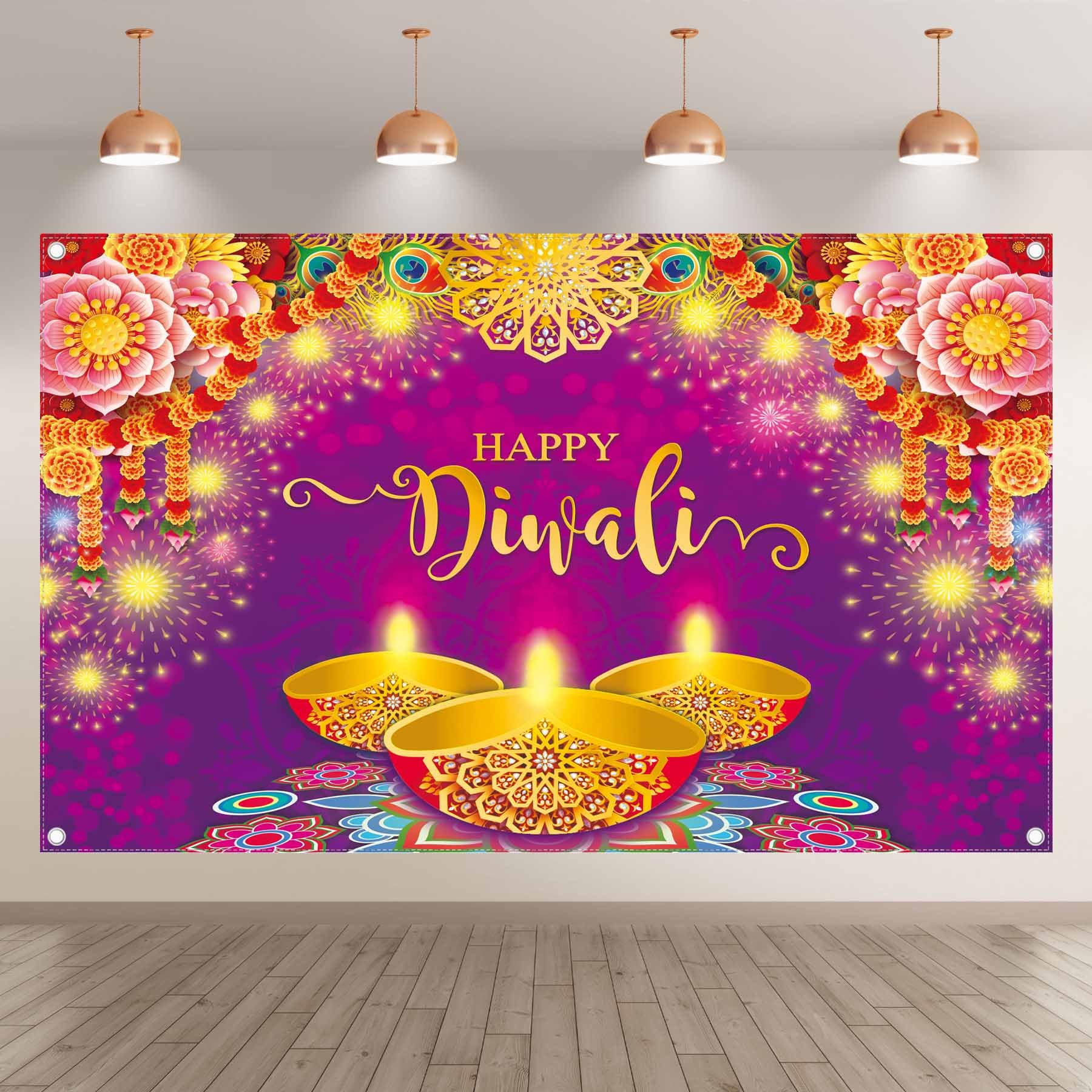 72x43 Inch Purple Diwali Backdrop - Floral Peacock Feather Photography Background for Festival of Lights, Indian Party Decor, Photo Booth Banner - Perfect for Diwali Celebrations, Wedding Decor, and Cultural Events