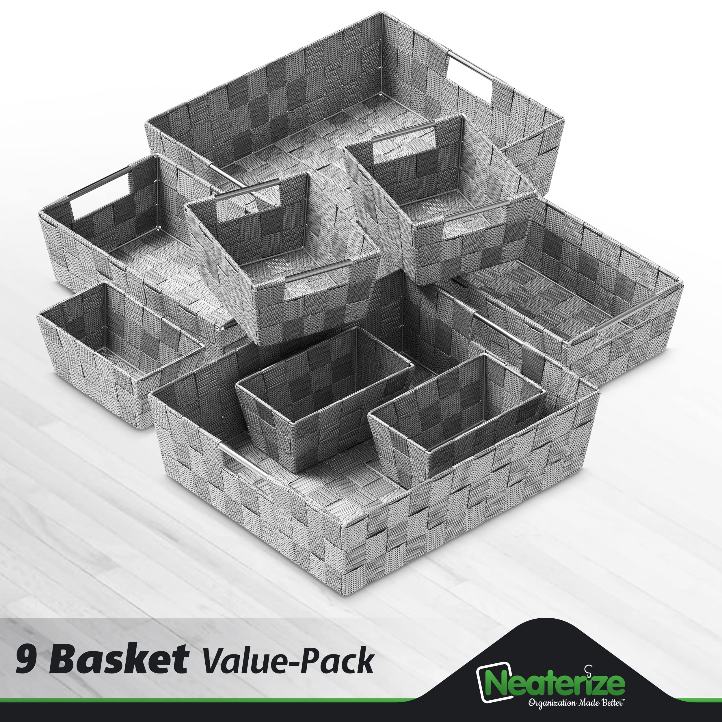 9-Piece Dark Grey Storage Basket Set - Organizing Bins for Shelves, Closet, Bathroom & Pantry - Small Decorative Storage Baskets for Home Organization - Perfect for Bedroom, Laundry Room & Office