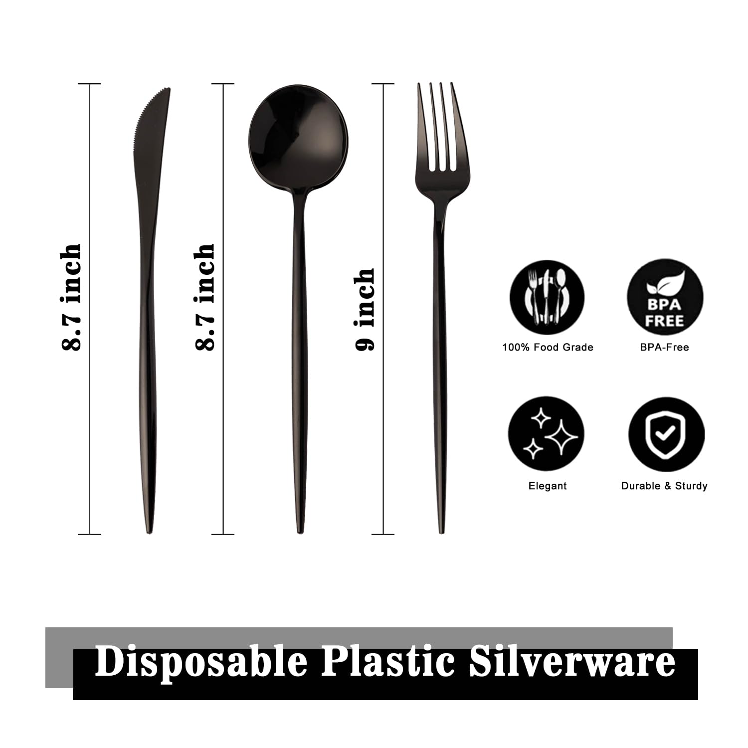 180-Piece Heavy Duty Black Plastic Silverware Set - 60 Forks, 60 Spoons & 60 Knives - Durable Disposable Cutlery for Parties, Weddings, BBQs & Catering Events - Perfect for Birthday Celebrations, Picnics & Office Gatherings