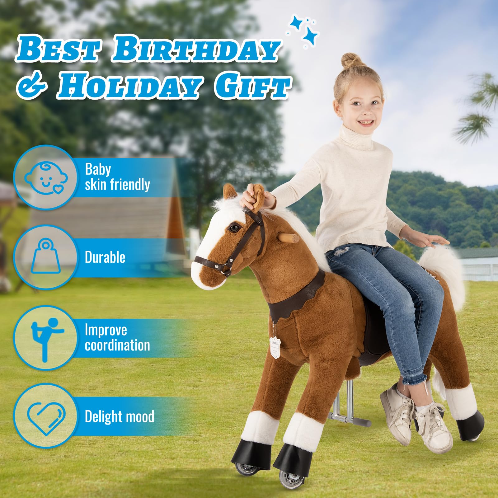 UFREE Ride-On Walking Horse Toy for Kids - 36 Inch Height, Best Birthday Gift for Girls Ages 4-9 | White Mane & Tail | Pretend Play, Outdoor Fun, Imaginative Playtime Gift