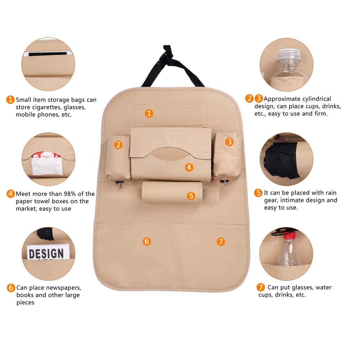 Premium PU Leather Car Seat Back Organizer with Tablet Holder - Universal 2-Pack for Kids, Storage Bottles, Toys & Tissue Box (Beige, Upgraded Design) - Perfect for Road Trips, Family Travel & Daily Commute