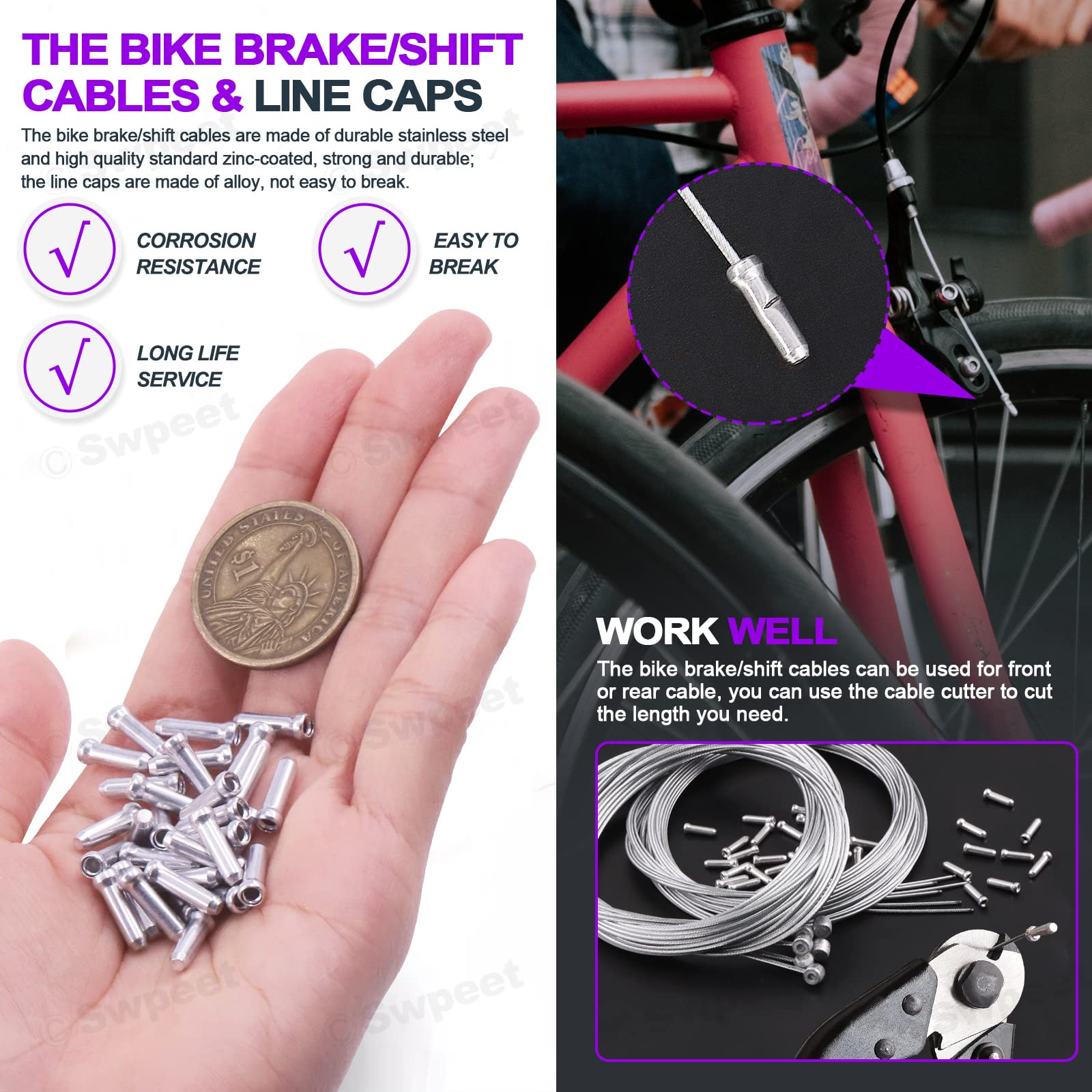 Swpeet 83-Piece Stainless Steel Bike Cable Cutter Kit with Brake/Shift Cable Housing, End Caps & O-Rings | Professional Bicycle Brake & Shifter Cable Set for Mountain & Road Bikes | Ideal for Maintenance, Repair & DIY Bike Upgrades
