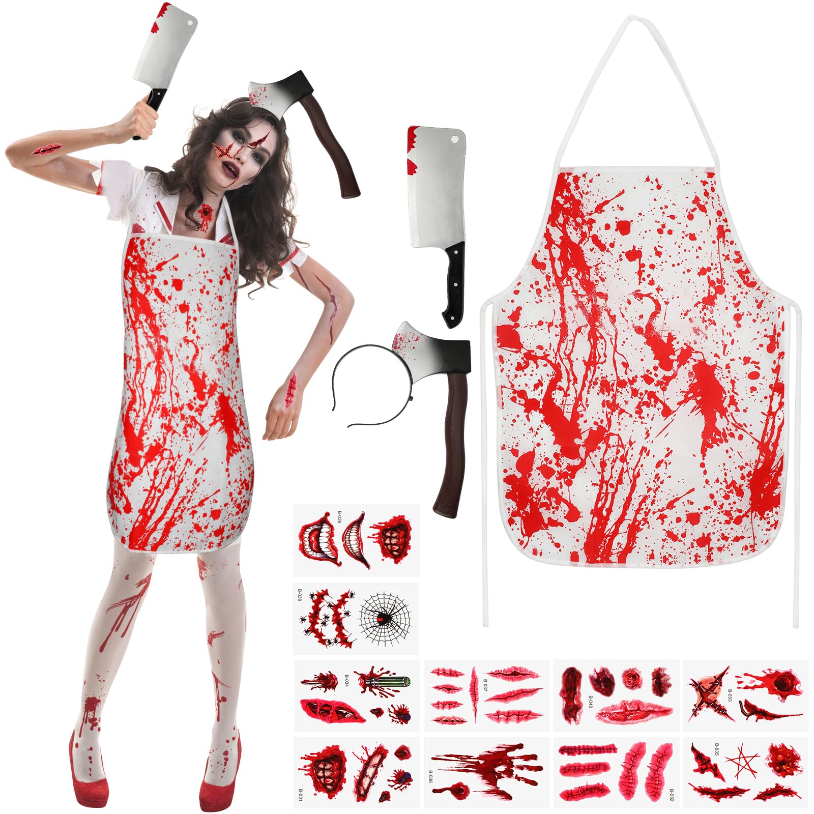 Beipegin Butcher Costume Set - Bloody Apron, Headband, Knife & Fake Wounds for Halloween Zombie & Terror Outfits - Perfect for Men's Scary Halloween Parties & Horror Cosplay