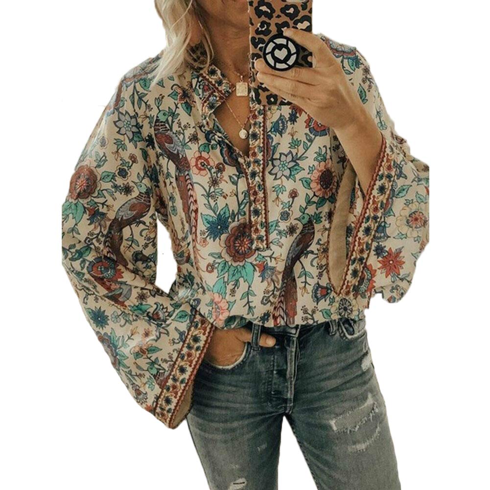 Bohemian Floral Print V-Neck Long Sleeve Blouse for Women - Casual Loose Fit Button Down T-Shirt Top for Everyday Wear, Outdoor Activities & Boho Fashion
