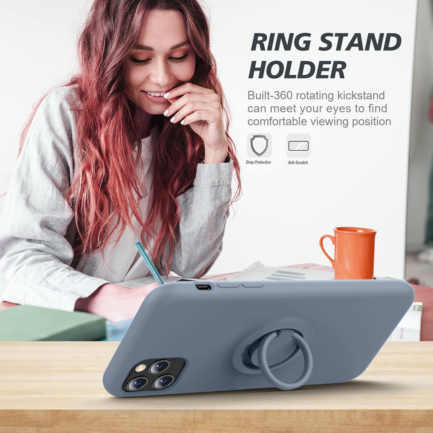 Thomo Liquid Silicone iPhone 11 Pro Max Case with Ring Holder & Kickstand - Anti-Scratch Microfiber Lining, Full Body Protective Cover (Lavender Grey) - Perfect for Work, Travel, and Everyday Use