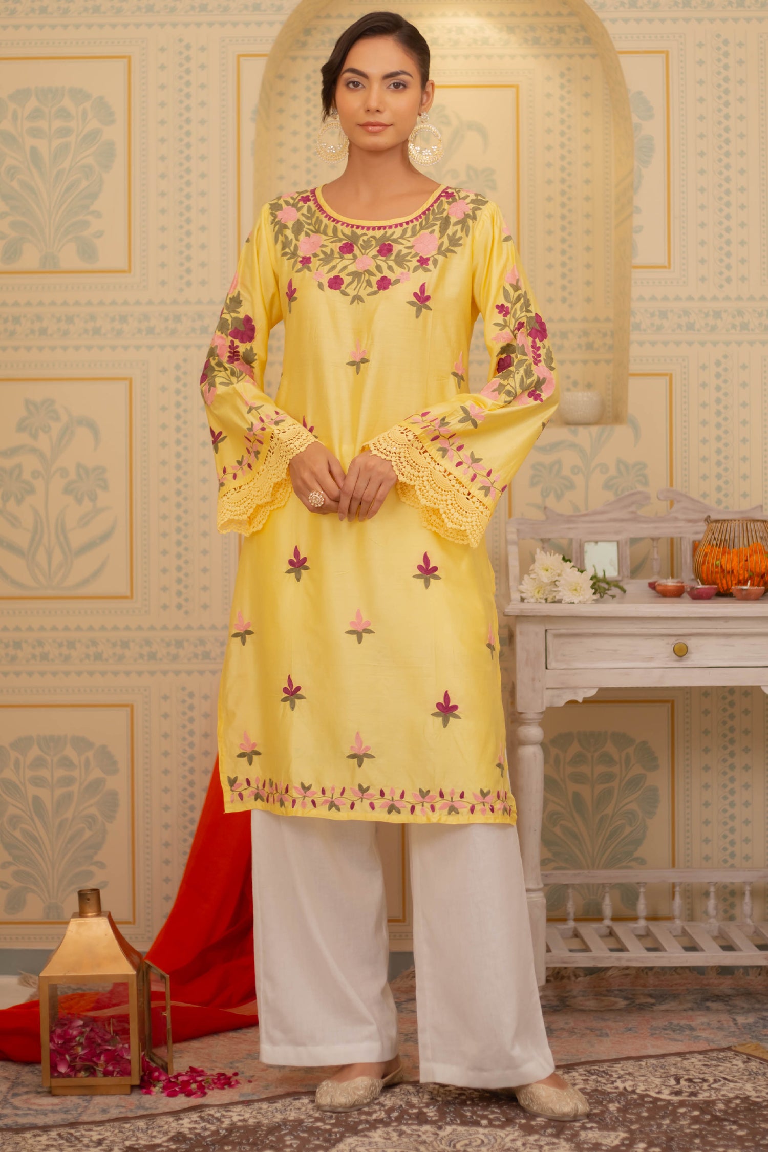 Falak Kashmiri Long Kurta - Yellow Chanderi Silk Embroidered Aari Work Traditional Indian Dress for Women | Perfect for Festivals, Weddings & Special Occasions