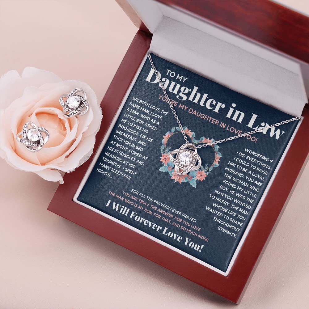 Beautiful 14k White Gold Heart Necklace for Daughter-in-Law - Thoughtful Mother-in-Law Gift with Message Card & LED Gift Box - Perfect Birthday, Wedding, or Anniversary Jewelry Present - Includes Matching Earrings for Special Occasions