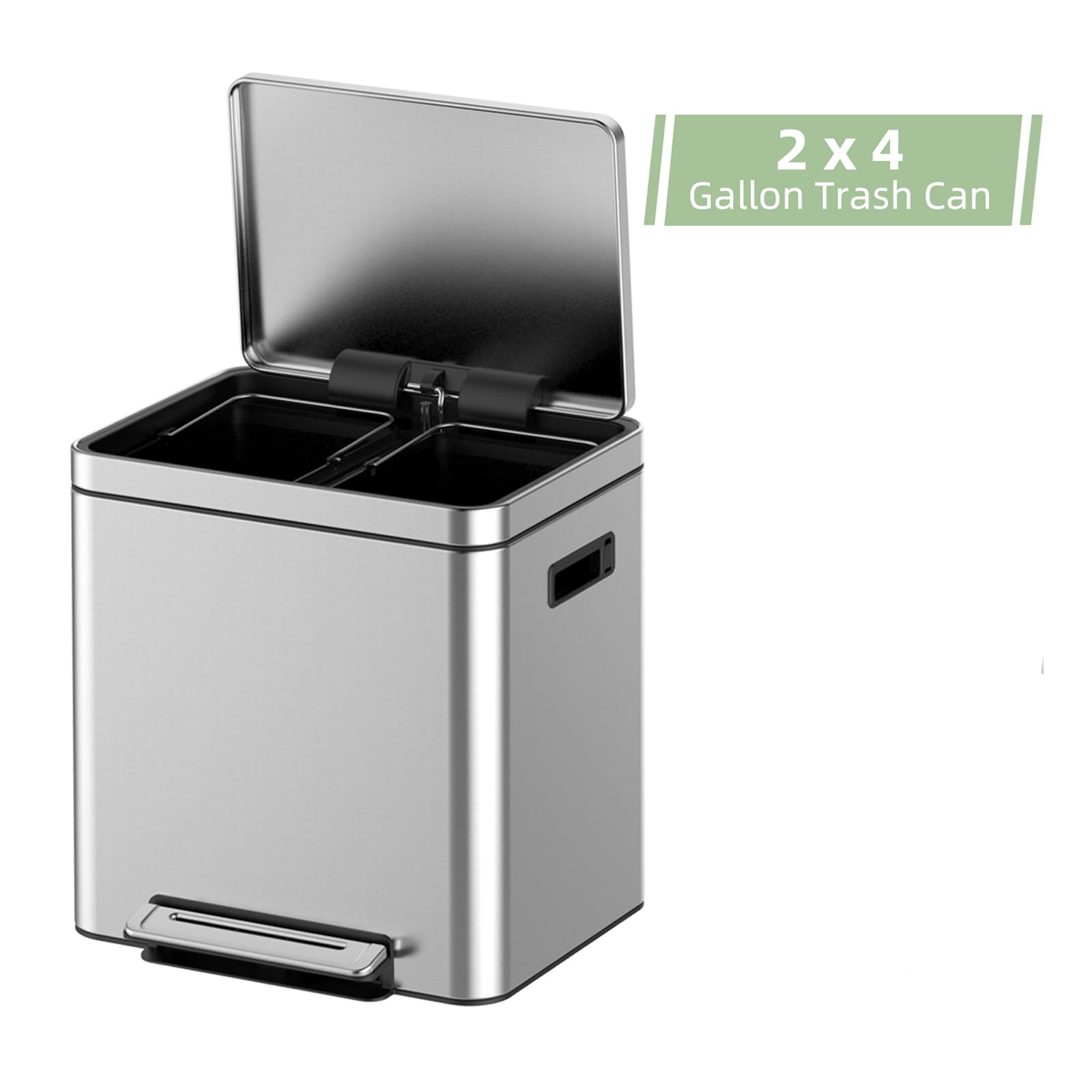 GARVEE 36L/9.5 Gallon Stainless Steel Dual Compartment Trash Can with Metal Lid & Foot Pedal - Rectangular Waste Basket with Removable Inner Bucket for Kitchen, Office & Bathroom Organization