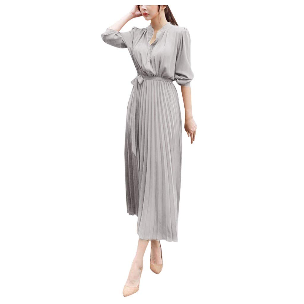 Elegant Maxi Pleated Dress for Women - Fashionable Casual Long Sleeve Dress with Belted Waist & Lapel Collar | Perfect for Office, Party & Special Occasions