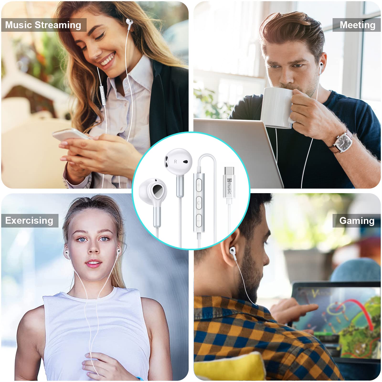Hmusic USB C Headphones with Mic - Wired Type C Earphones, Magnetic In-Ear Earbuds with Volume Control - Compatible with Samsung Galaxy, Google Pixel, Xiaomi Android Phones (White) - Perfect for Commuting, Workouts & Gaming