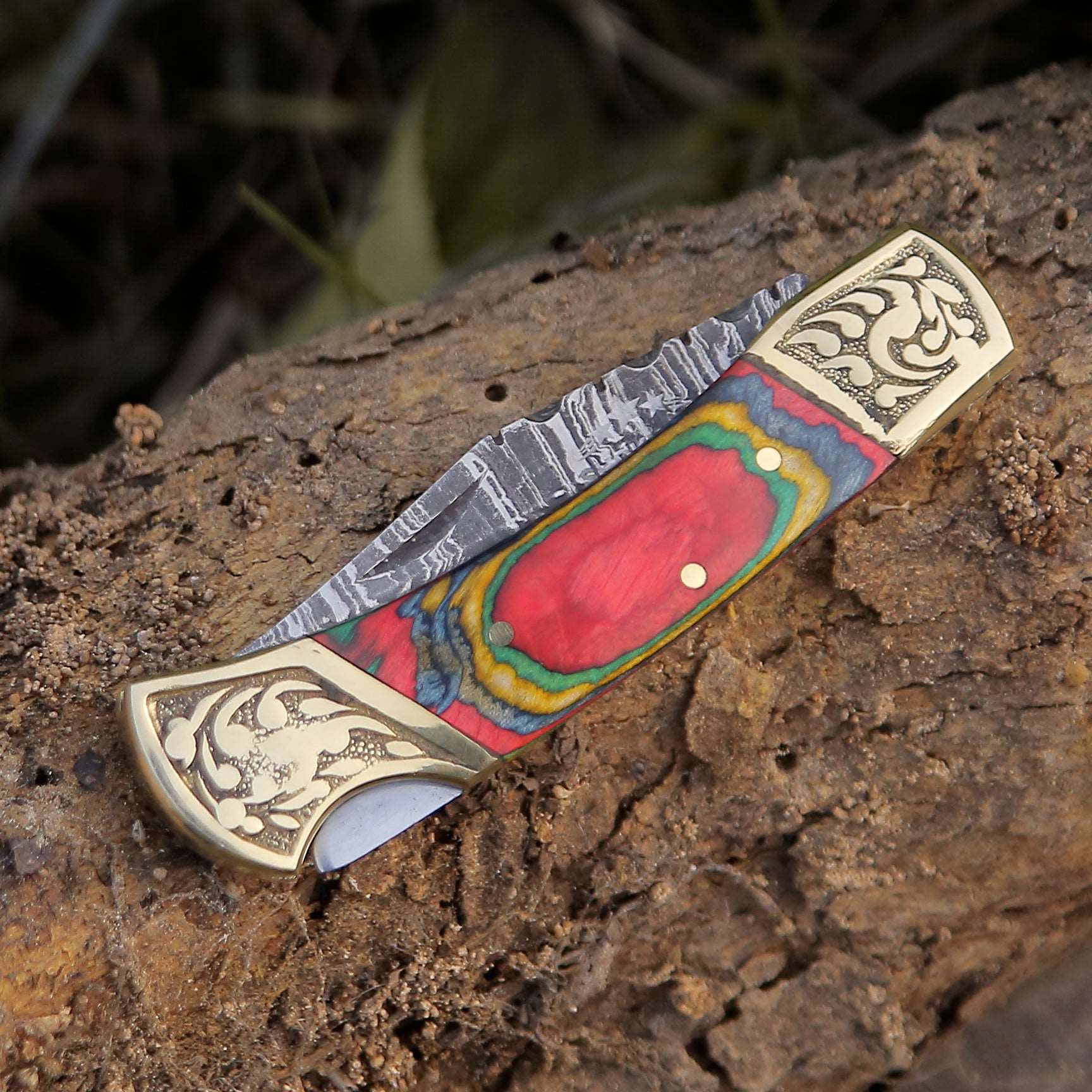 Premium Expedition Damascus Folding Pocket Knife - Handcrafted Pakka Wood Handle - Perfect for Camping, Hiking & Outdoor Adventures