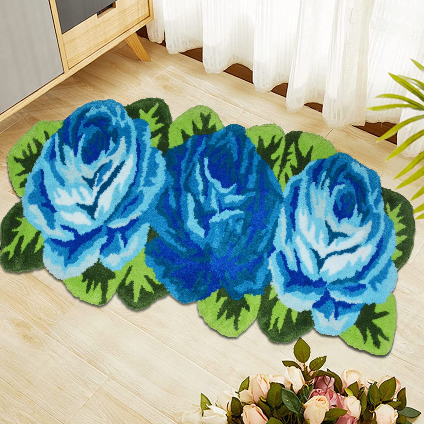 ABREEZE Handmade Blue Floral Rug - Non-Slip Washable Modern Floor Runner for Bedroom, Living Room & Bathroom - Rose Pattern Carpet Mat (3 Roses Design, Blue) | Perfect for Home Decor, Sofa Side & Hallway Accent