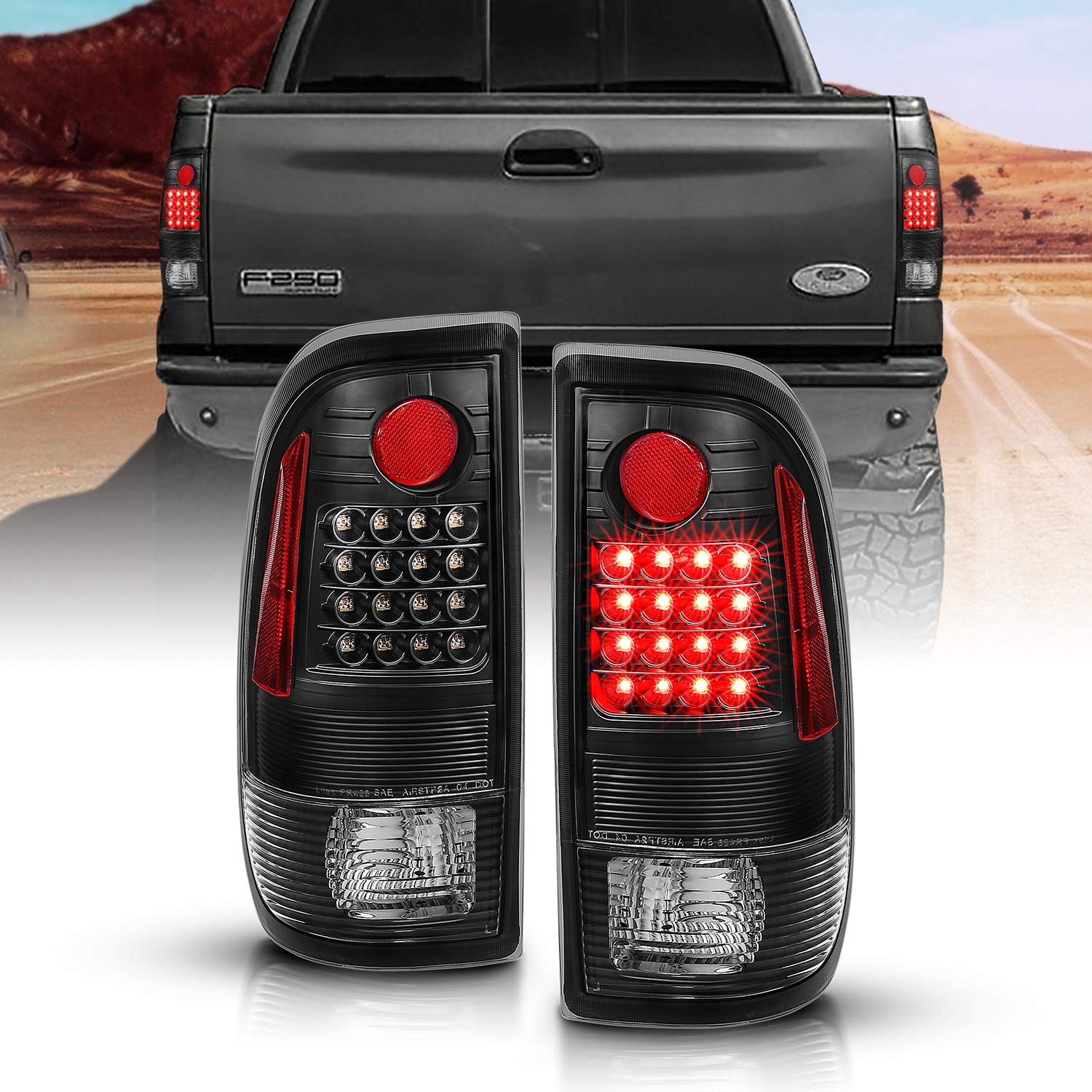 AmeriLite Black LED Brake Turn Signal Tail Lights Pair for 1997-2003 Ford F150 & 1999-2007 F250 F350 - Driver & Passenger Side Set - Upgrade Truck Safety & Style for Night Driving & Towing