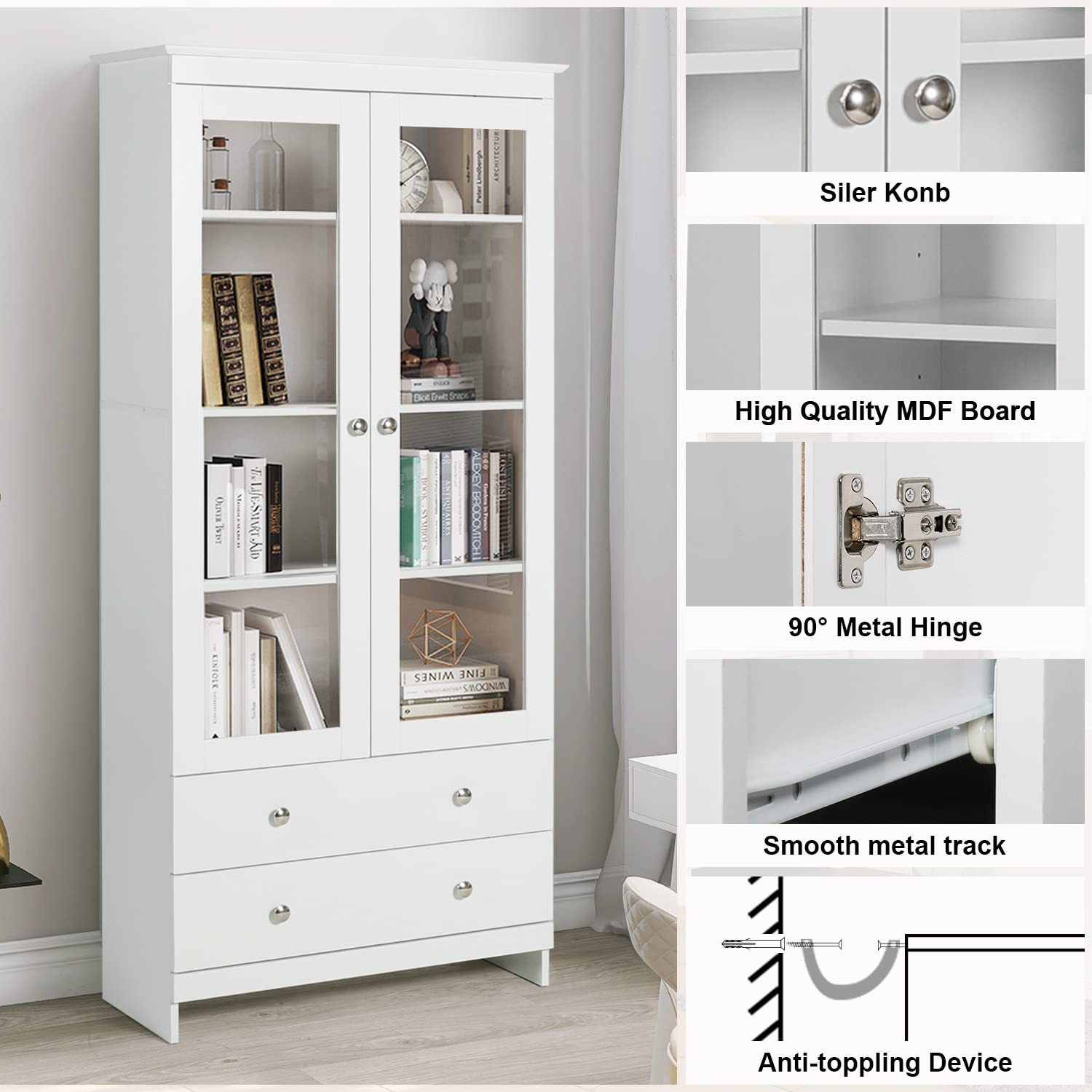 White Bookcase with Glass Doors - Tall Wooden Display Cabinet & Bookshelf Organizer for Home, Bedroom, Living Room, Office - Freestanding Curio Cabinet & Kitchen Pantry Storage - Perfect for Showcasing Collectibles, Storing Books & Organizing Home Decor