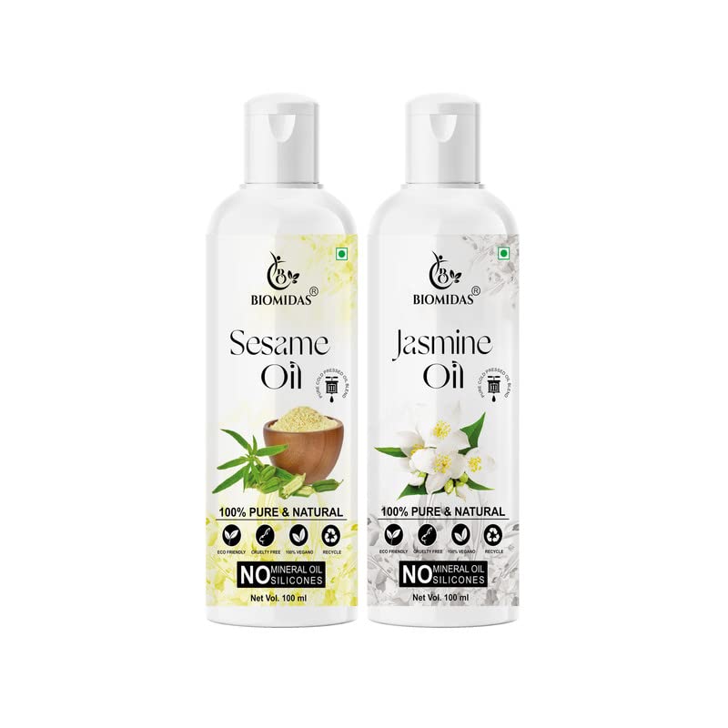 Biomidas 100% Pure Sesame Oil & Jasmine Oil Combo (100ML Each) - Promotes Hair Growth, Reduces Hair Fall, Repairs Split Ends for Soft & Shiny Hair - Perfect for Daily Hair Care & Scalp Massage (Pack of 2)