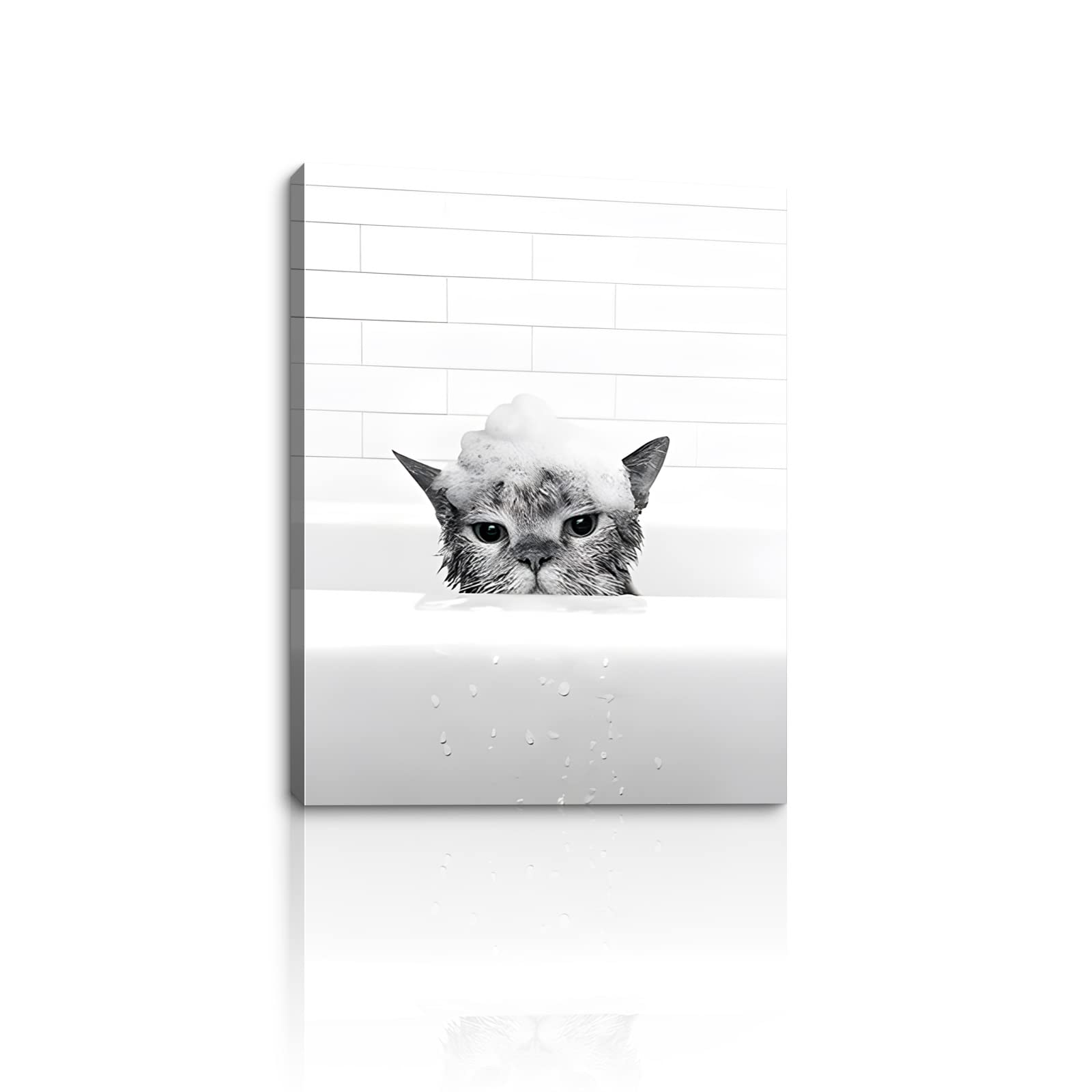 BODRECT Black White Canvas Wall Art - Pets in Tub Bathroom Decor for Modern Homes