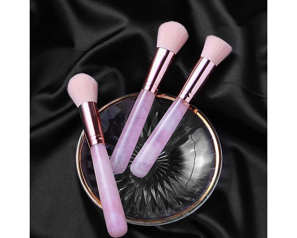 3-Piece Makeup Brush Set with Rose Quartz Handle - Foundation, Powder & Blush Brushes for Flawless Application | Natural Healing Crystal Cosmetic Brushes | Perfect for Travel & Daily Makeup Routine