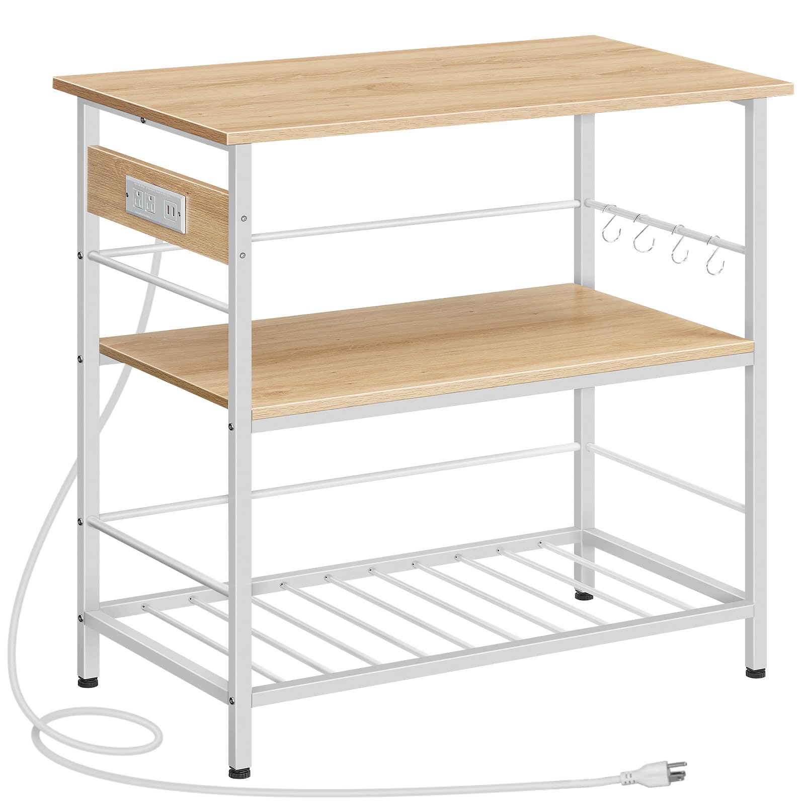HOOBRO Kitchen Island with Storage & Power Outlet, 3-Tier Coffee Station & Microwave Stand - Natural White WN021ZD01 | Perfect for Small Kitchens, Breakfast Nooks & Dining Room Organization