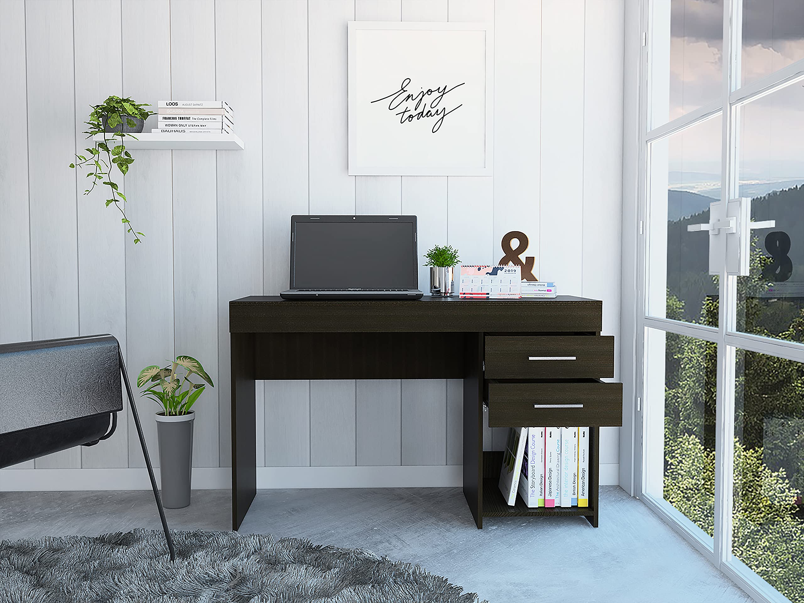 Black Austin Computer Desk with 2 Drawers & Open Shelf - Sturdy Metal Handles, Home Office Desk for Small Spaces, Gaming & Study Workstation