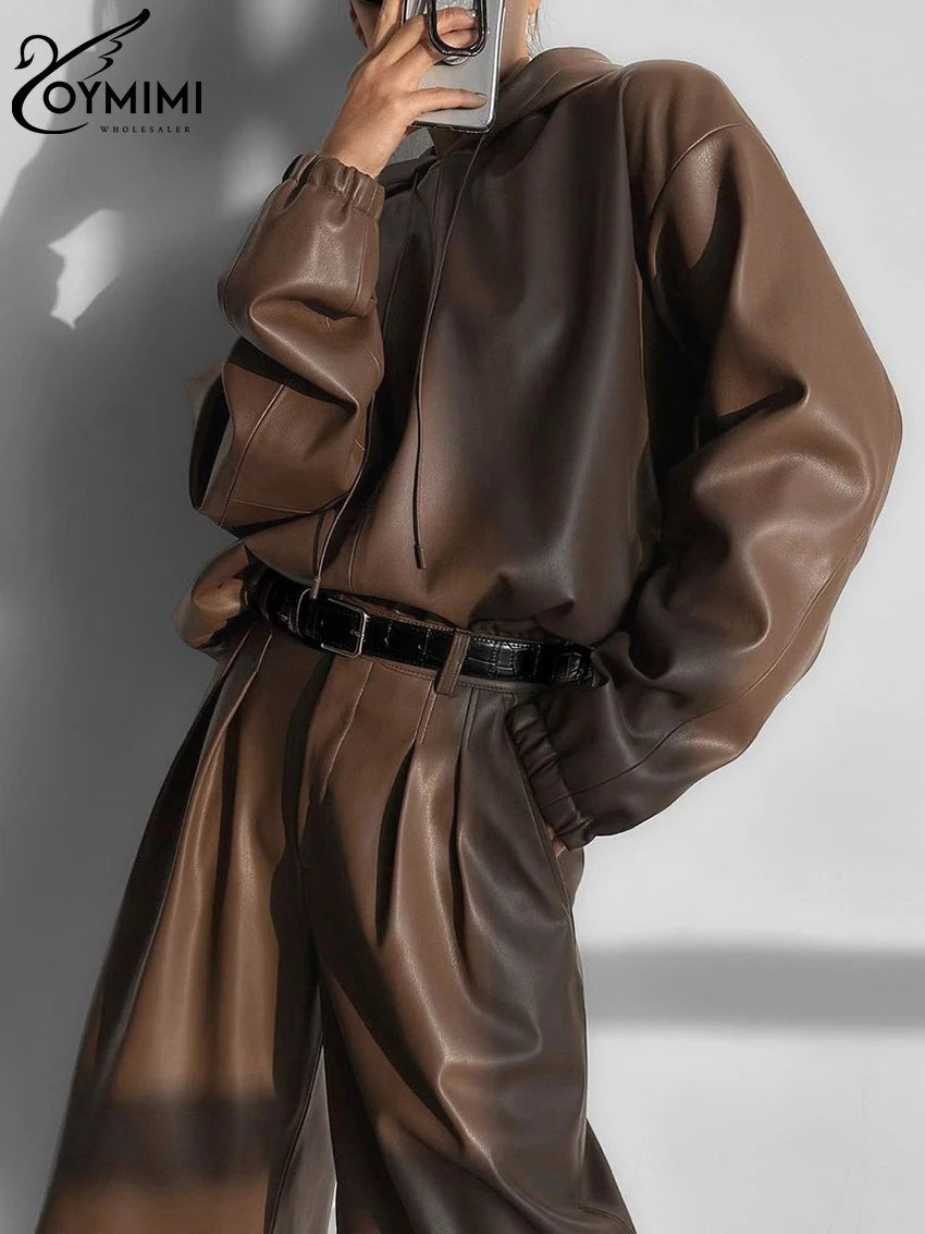 Stylish Brown PU Leather 2-Piece Outfit for Women - Winter Long Sleeve Hooded Shirt with High Waist Pants Set | Perfect for Casual Wear, Office Outfits, and Winter Fashion